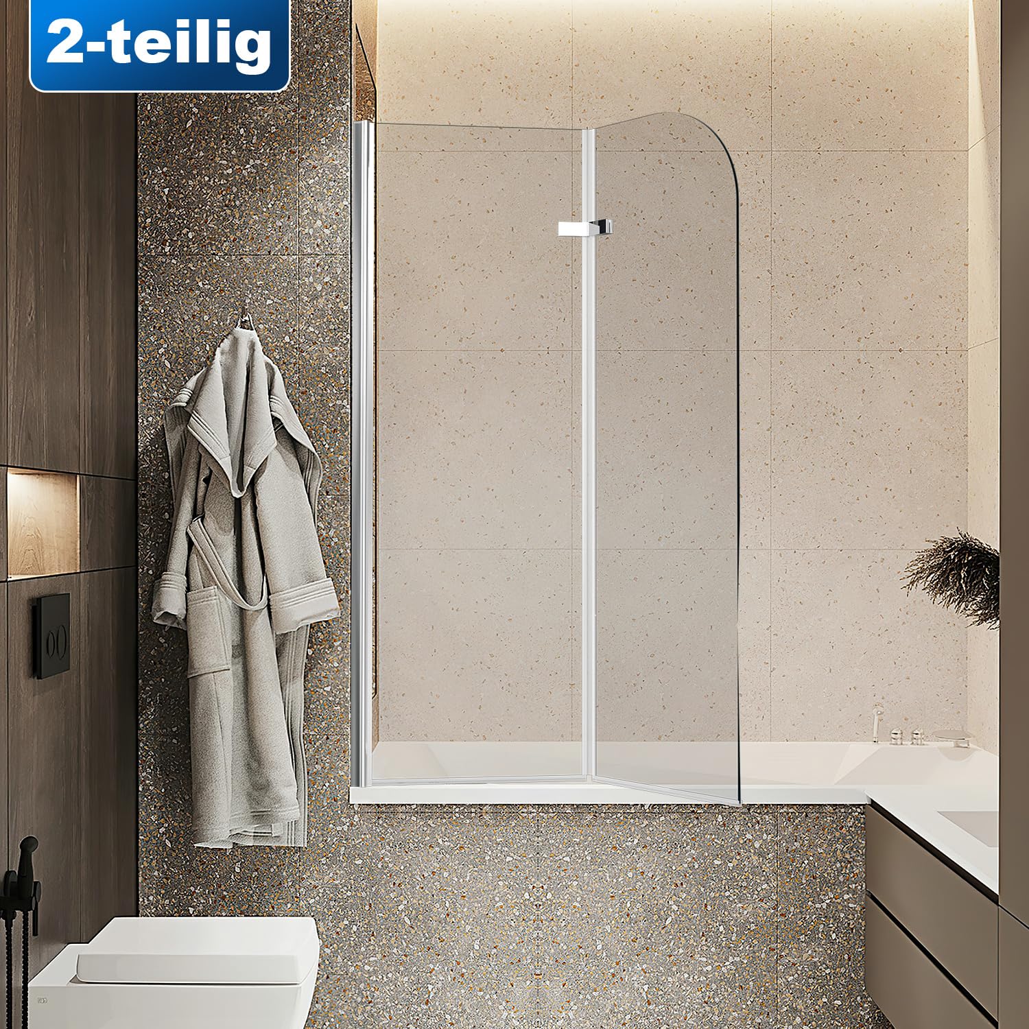 Mampara de ducha para bañera, 100 x 140 cm, 2 piezas, plegable, de cristal de seguridad (EGS), de alta calidad y resistente, color plateado transparente