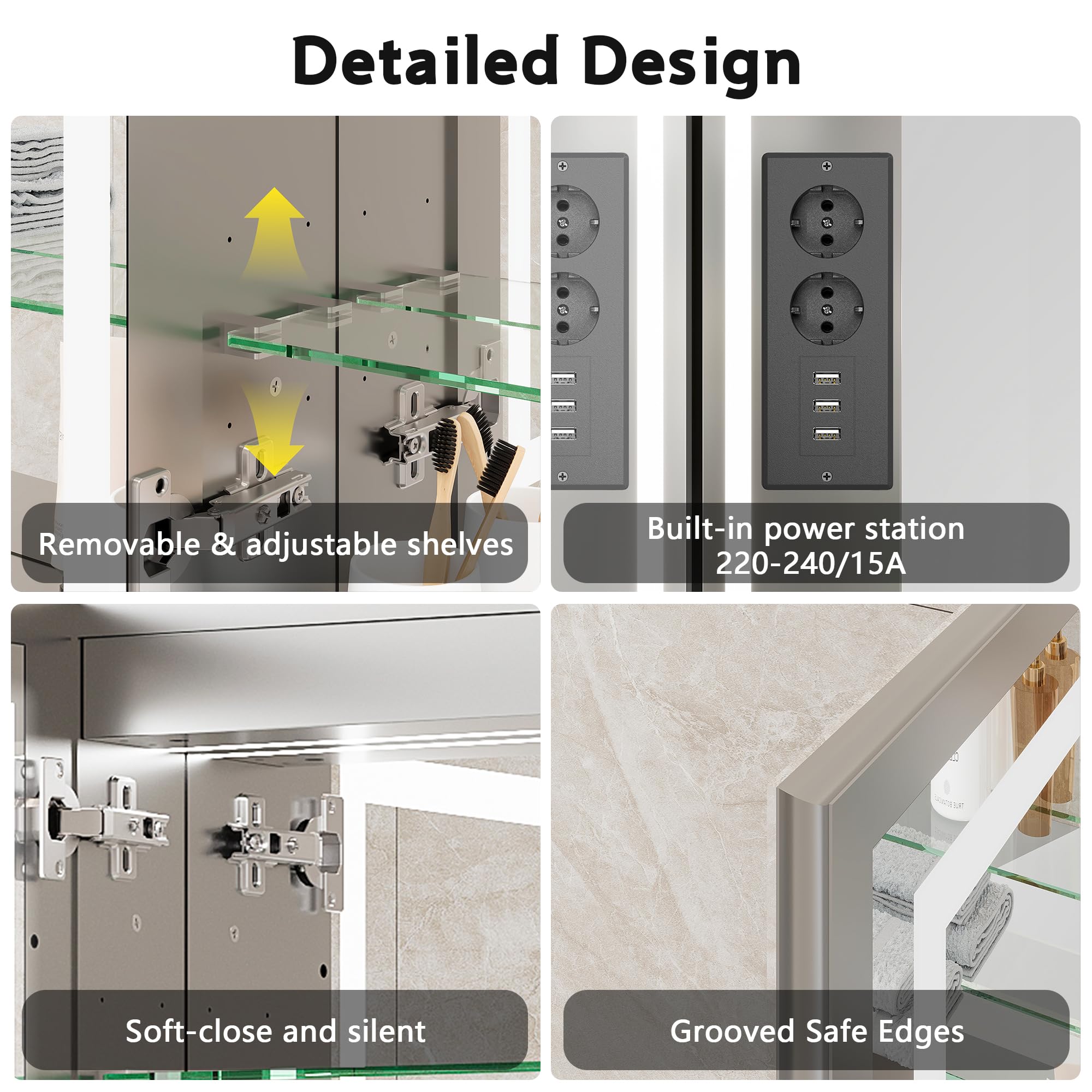 100% Premontado Armario Espejo Baño 80x60 cm con Luz LED, Antivaho, Enchufe y USB, Armario de Baño de Aluminio, Estantes de Cristal Regulables, Montaje en Pared para Cuarto de Baño