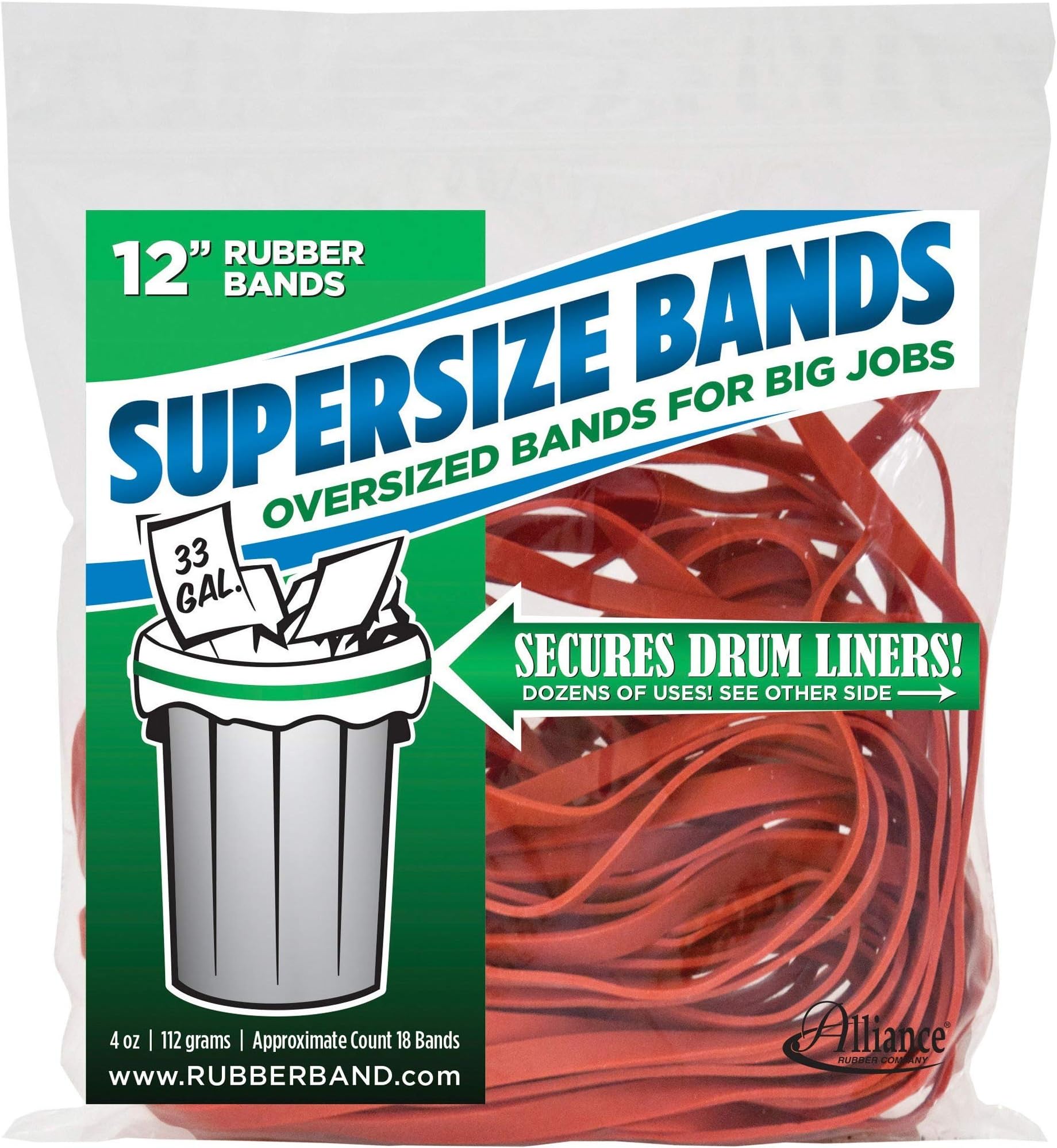 SuperSize Bands 12 x 1/4 Inch Rubber Bands for Oversize Jobs - 4 Ounce Resealable Bag - Red