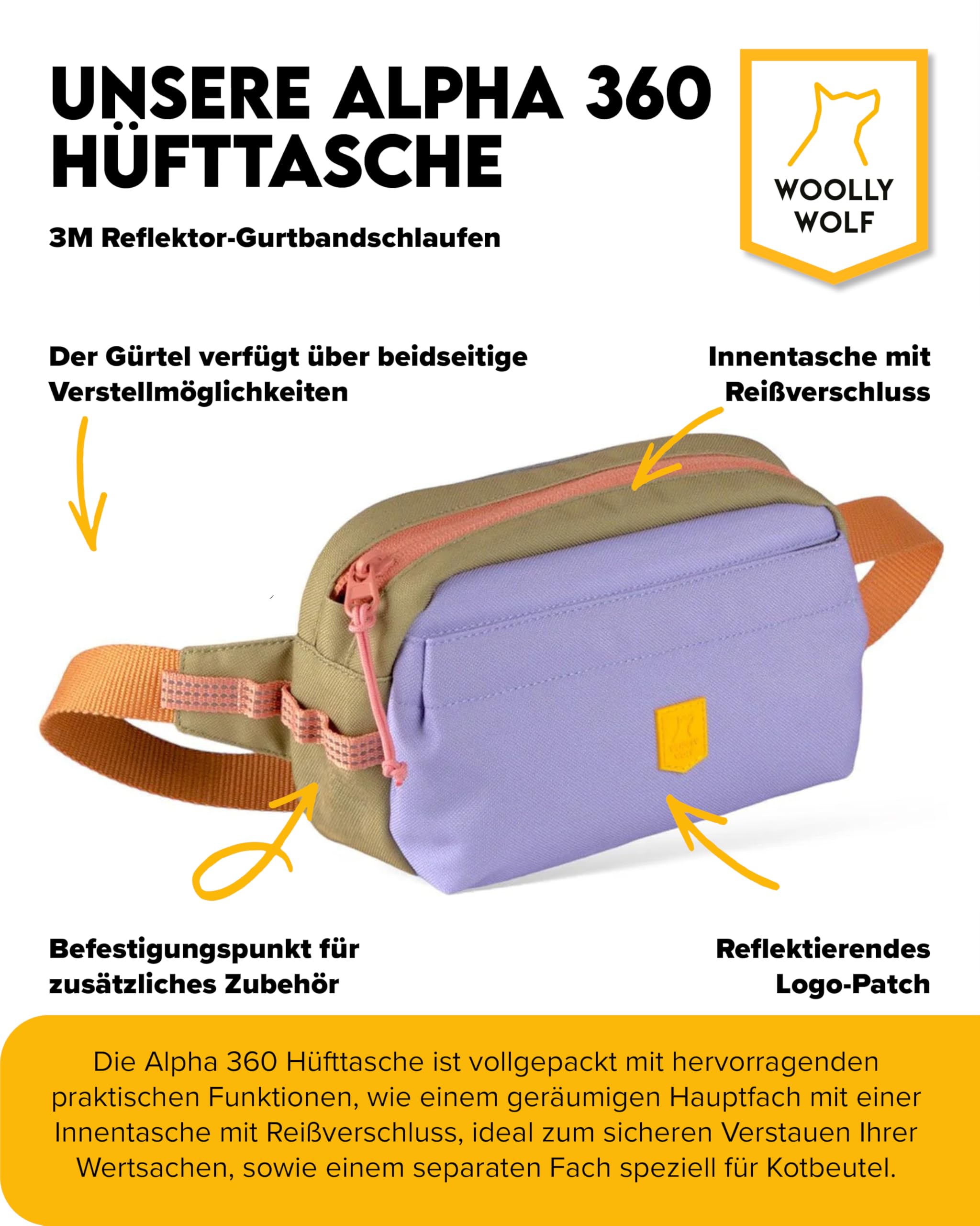Woolly Wolf Alpha 360 Hip Pack Hüfttasche Lavendel Mix - Leckerlitasche für Hunde aus recyceltem Material, Zum Verstauen von Leckerchen, Wertsachen und Kotbeutel
