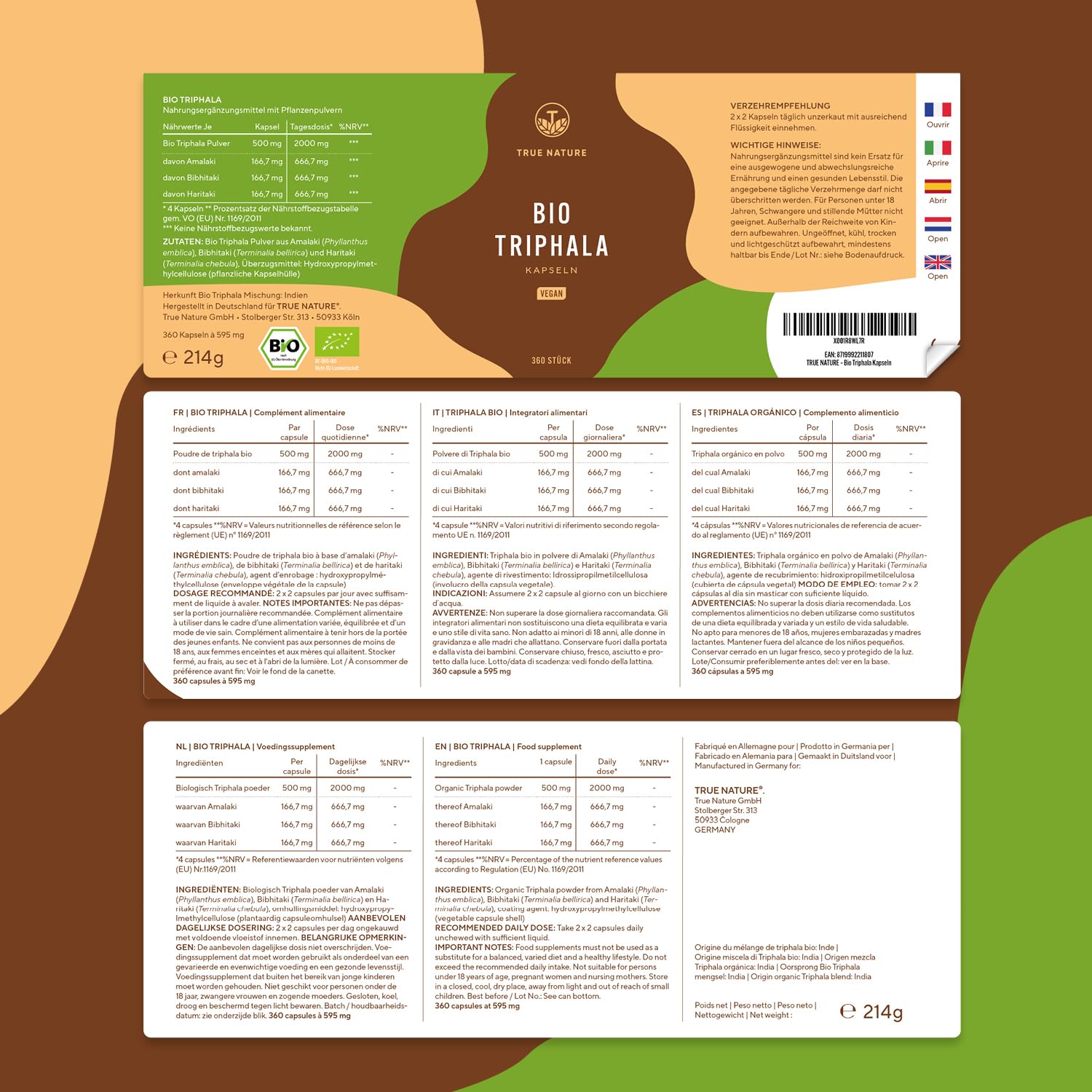 Bio Triphala - Hochdosiert mit 2.000mg (500mg je Kapsel) - 360 Kapseln - Premium Triphala Pulver aus Indien: Haritaki, Amalaki, Bibhitaki - Ohne Zusatzstoffe - Vegan, deutsche Produktion - TRUE NATURE