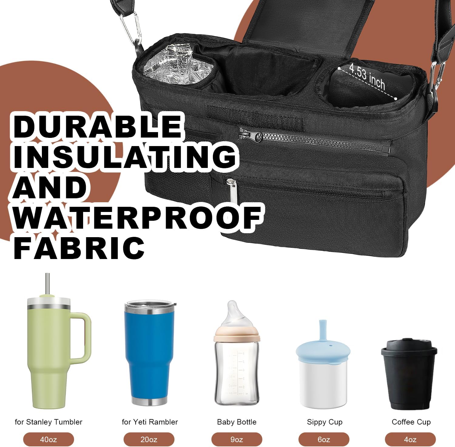 Universal Stroller Organizer with Insulated Cup Holder, Stroller Caddy with Detachable Bag & Shoulder Strap, Stroller Attachment Non-Slip Secure Hooks Accessories Fits Most Strollers