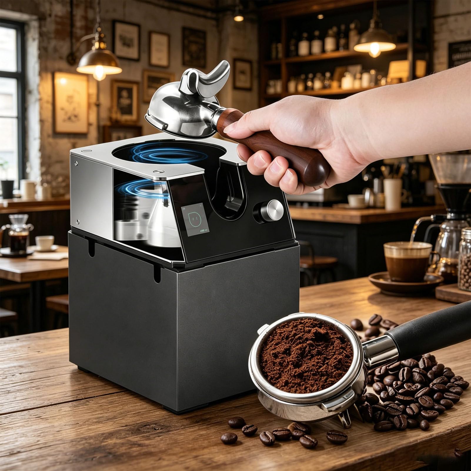 PioMue Automatic Espresso Grinder Cleaner with Knock Box, Safe and Easy Portafilter Cleaning Machine,58mm Portafilters for Home and Commercial Use 220V