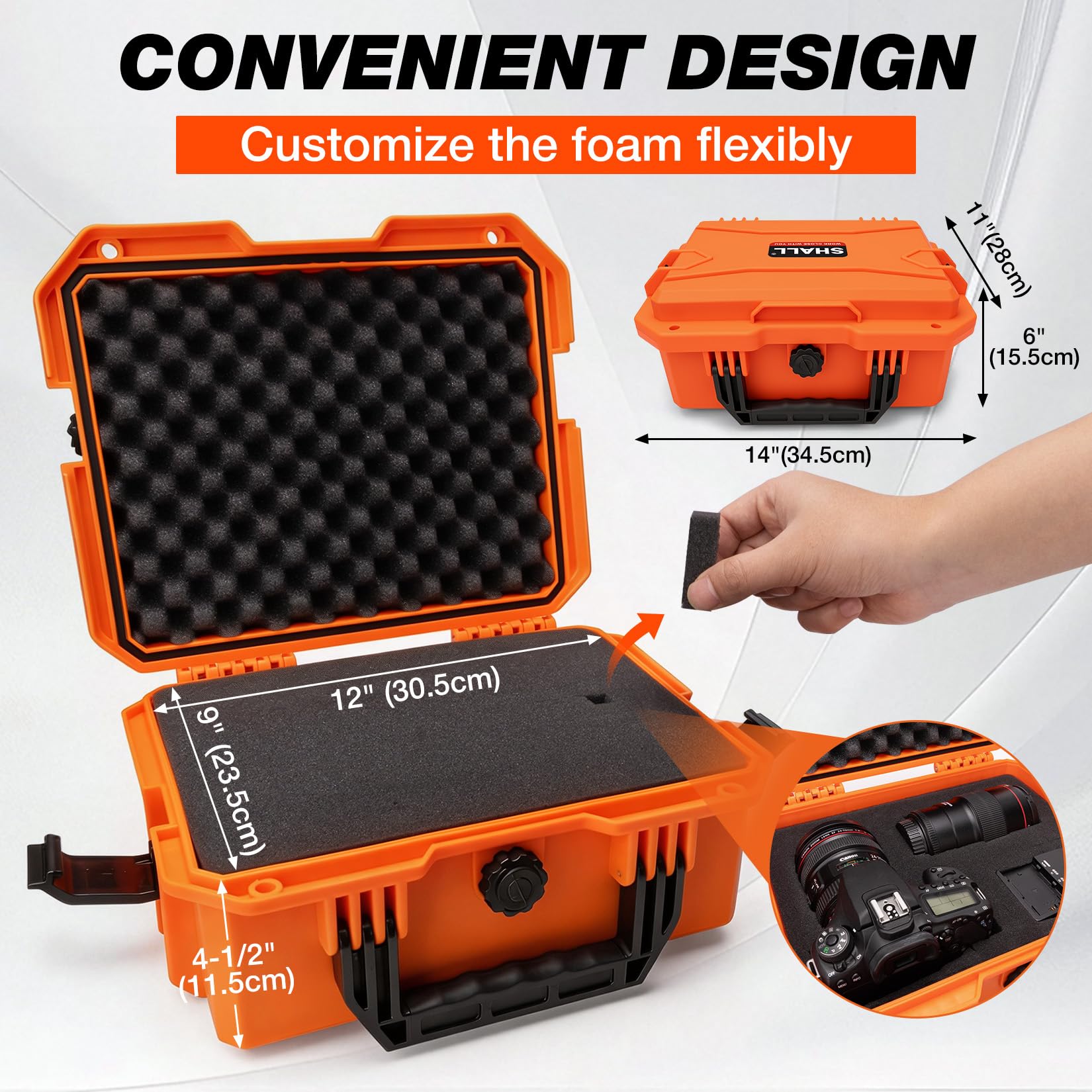 Shall Universal Hard Camera Case (Large), Waterproof, Dustproof and Shockproof Protective Case with Customisable Foam Lining, Suitable for Cameras, Lenses and Electronic Devices, Orange