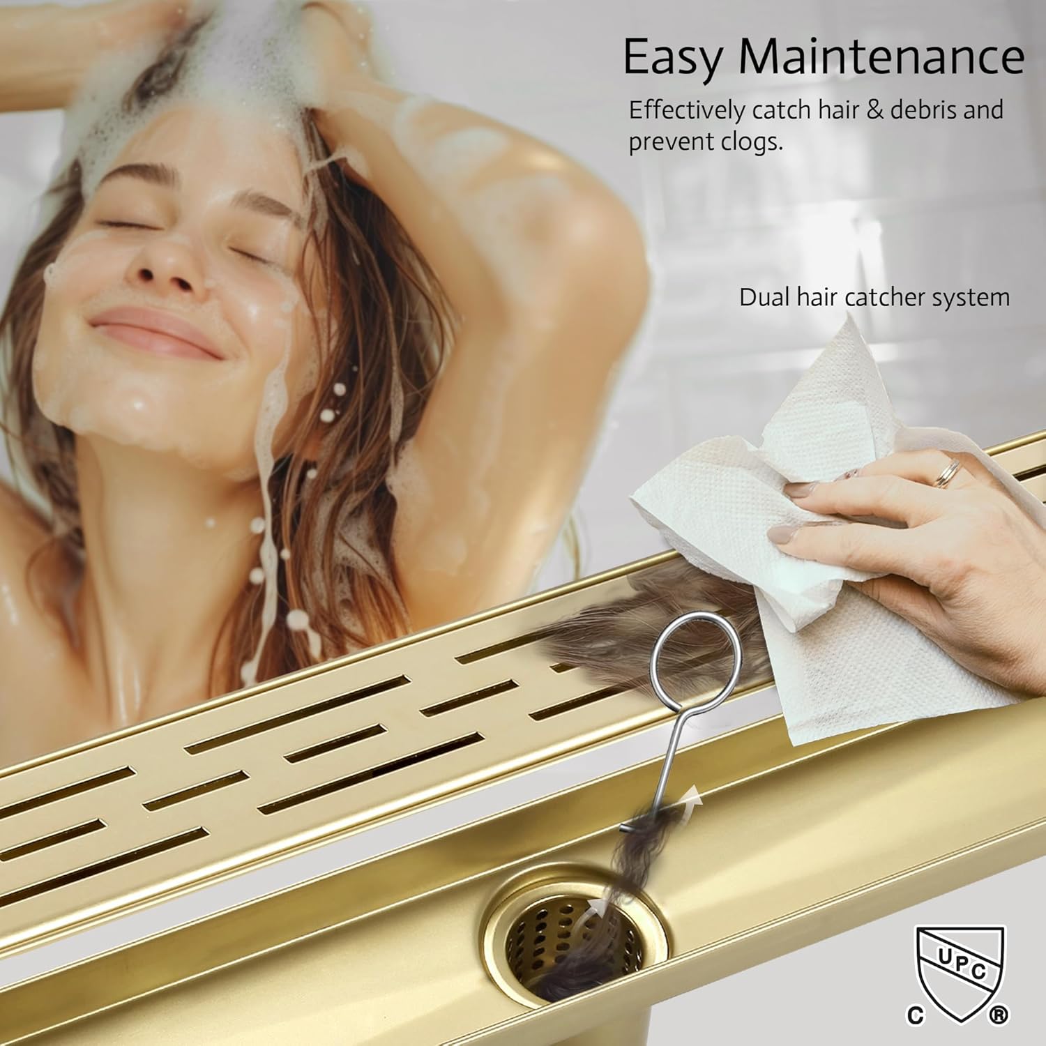 28 Inch Linear Shower Drain, Brushed Gold Shower Drain,Removable Grate, 304 Stainless Steel, Easy to Install and Clean for Bathrooms (Drain Base Not Included), LSD-01A-28G