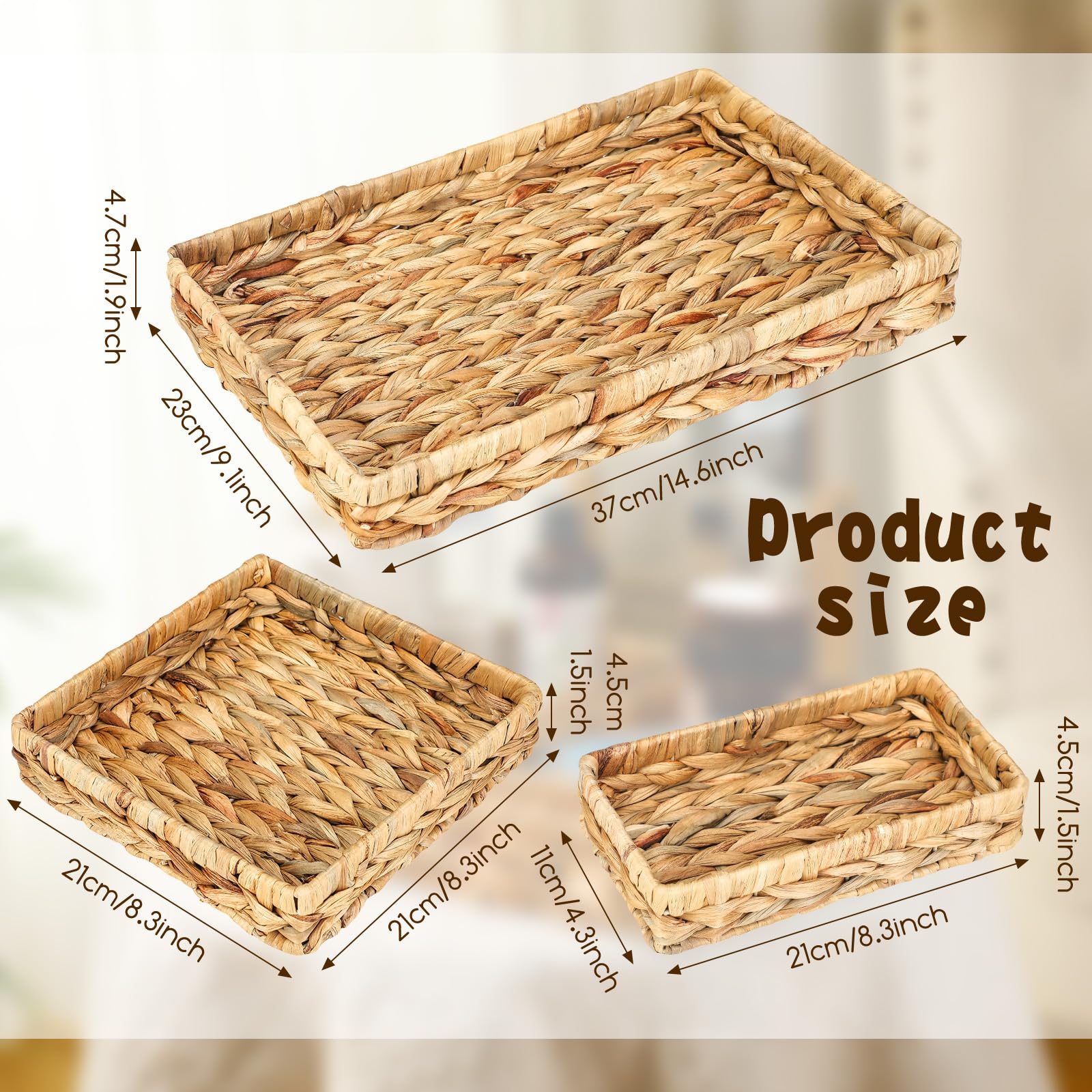 Yoande 3 Pack Wicker Tray Rectangular Baskets Seagrass Serving Tray Rustic Woven Seagrass Wicker Serving Basket for Tea Vegetable Home Bathroom Kitchen, 1 Large 1 Medium 1 Small, Brown