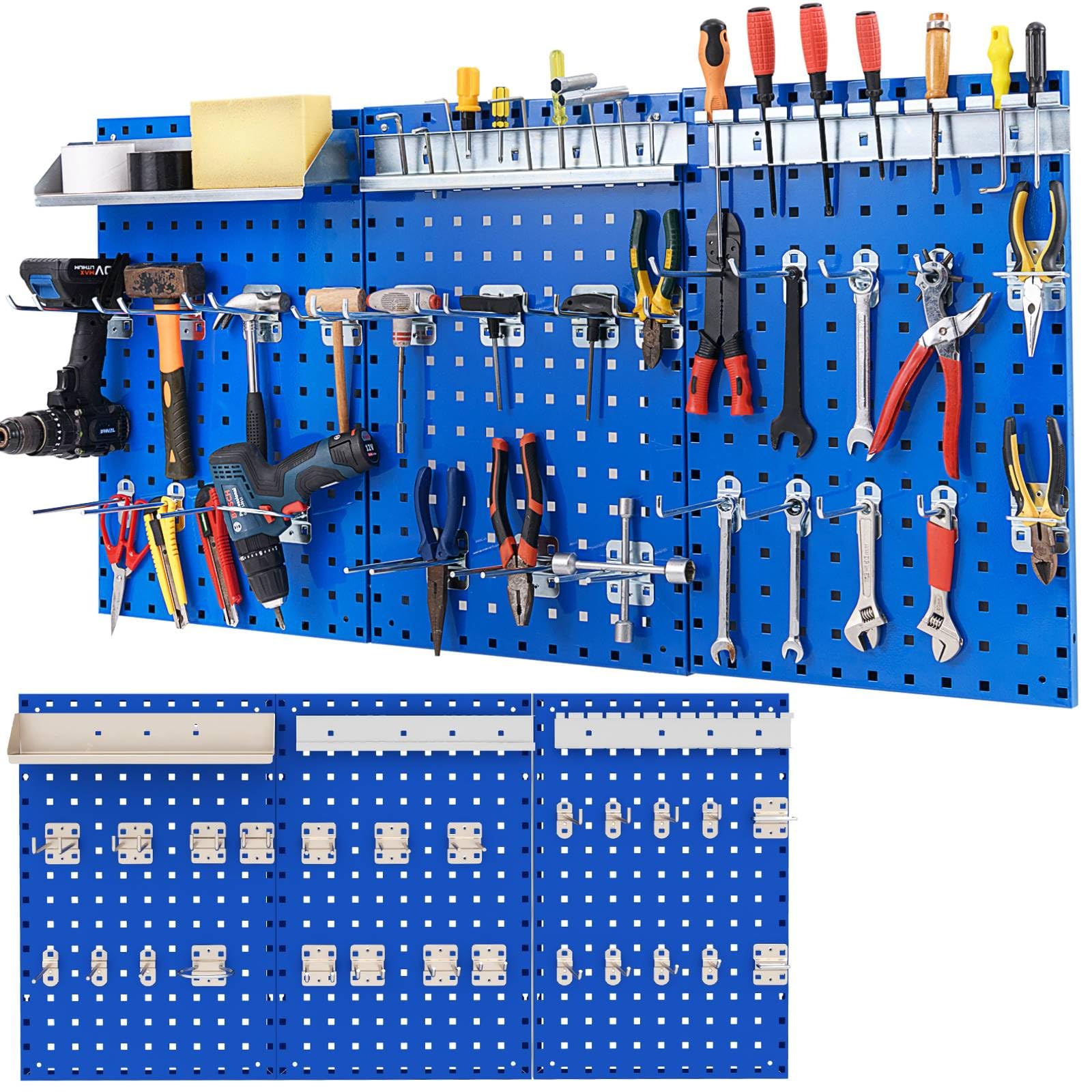 TANGZON Pegboard Wall Organizer Kit, Wall-Mounted Metal Tool Rack Organizer, Multifunctional Perforated Tool Storage Holder for DIY Garage Workshop (with 3 Pegboards & 28 Hanging Accessories, Navy) — image 1