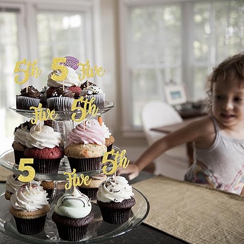 Miniatura 5 de 24 piezas de decoración de cinco cupcakes con purpurina para 5 cumpleaños número 5 cumpleaños cinco decoraciones de pastel para baby shower niños,