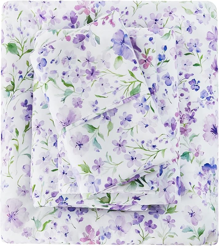 Viviland Floral Queen Sheet Set - 4 Piece Vintage Lavender Flower and Leaves Patterned Bed Sheets - Soft, Breathable Microfiber Sheets with Deep Pocket, Non-Slip Fitted Sheets & Pillowcases