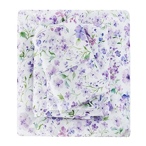 Viviland Floral Twin Sheet Set - 3 Piece Vintage Lavender Flower and Leaves Patterned Bed Sheets - Soft, Breathable Microfiber Sheets with Deep Pocket, Non-Slip Fitted Sheets & Pillowcases - Pueple Lavender - Twin
