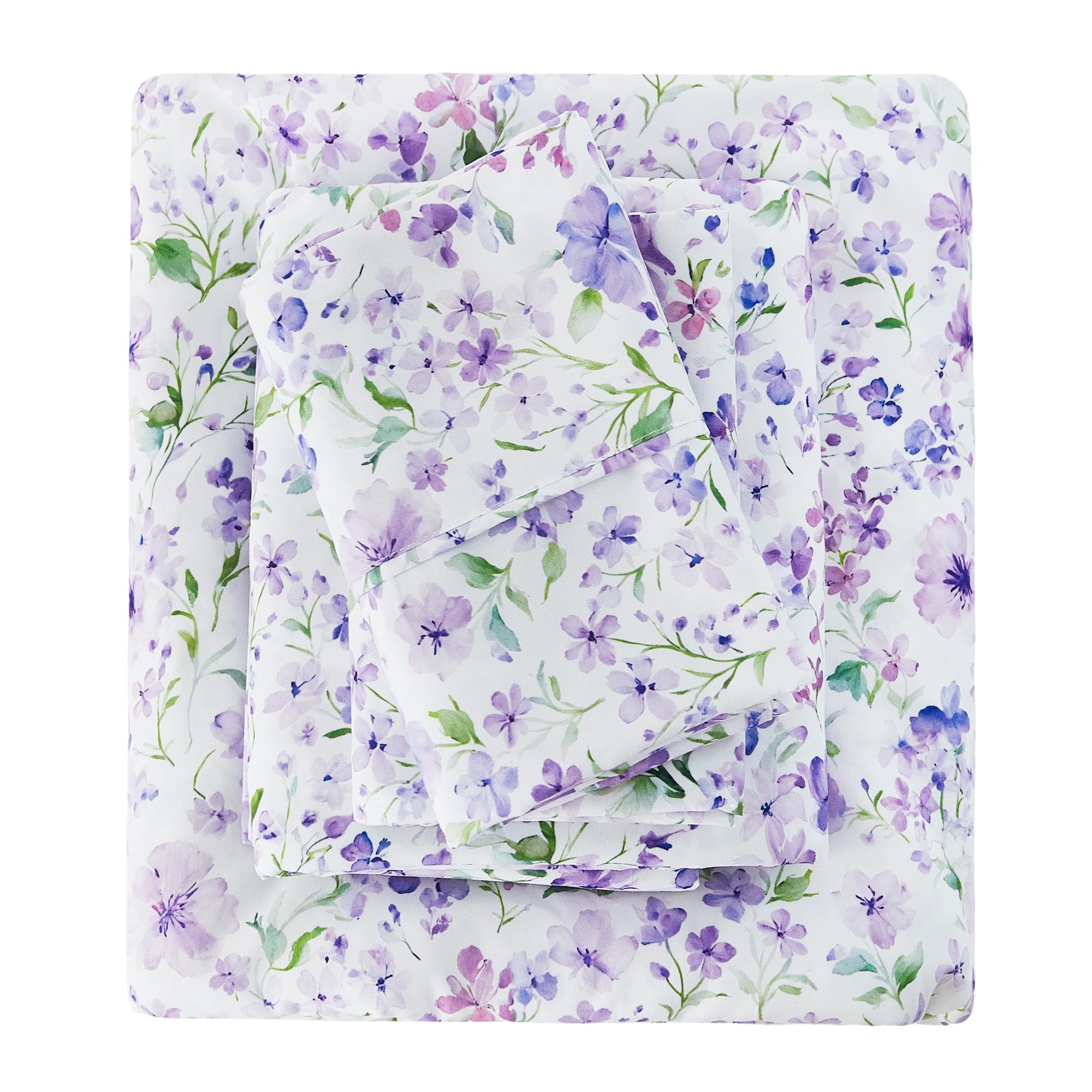 Viviland Floral King Sheet Set - 4 Piece Vintage Lavender Flower and Leaves Patterned Bed Sheets - Soft, Breathable Microfiber Sheets with Deep Pocket, Non-Slip Fitted Sheets & Pillowcases