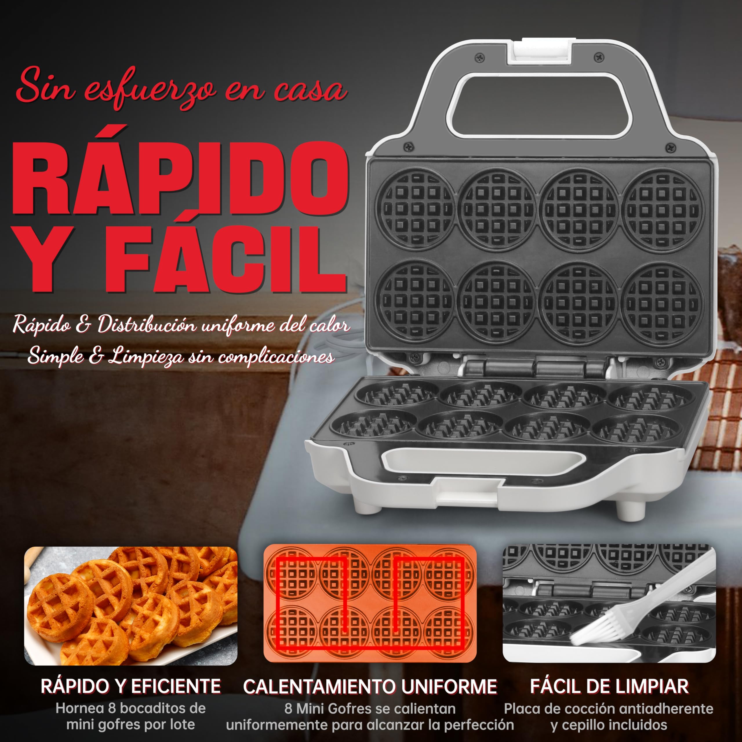 Mini máquina para hacer gofres SugarWhisk, plancha para hacer gofres pequeñitos para niños, hornea gofres pequeñitos de 8 x 5cm, pequeña máquina para hacer gofres, compacta y fácil de usar, superficie