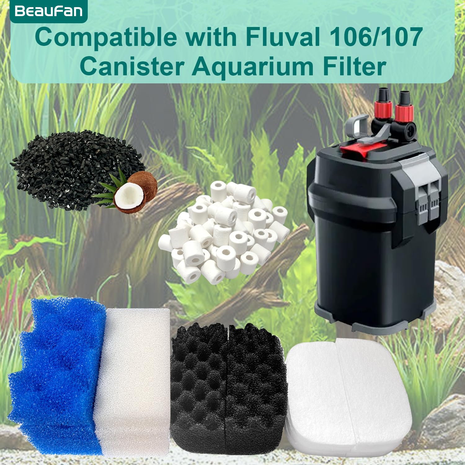 Kit di 24 supporti di ricambio per acquario, compatibili con filtri Fluval 106 e 107, tra cui Bio-Foam Max, carbone attivo, anelli in ceramica per filtrazione biologica e meccanica
