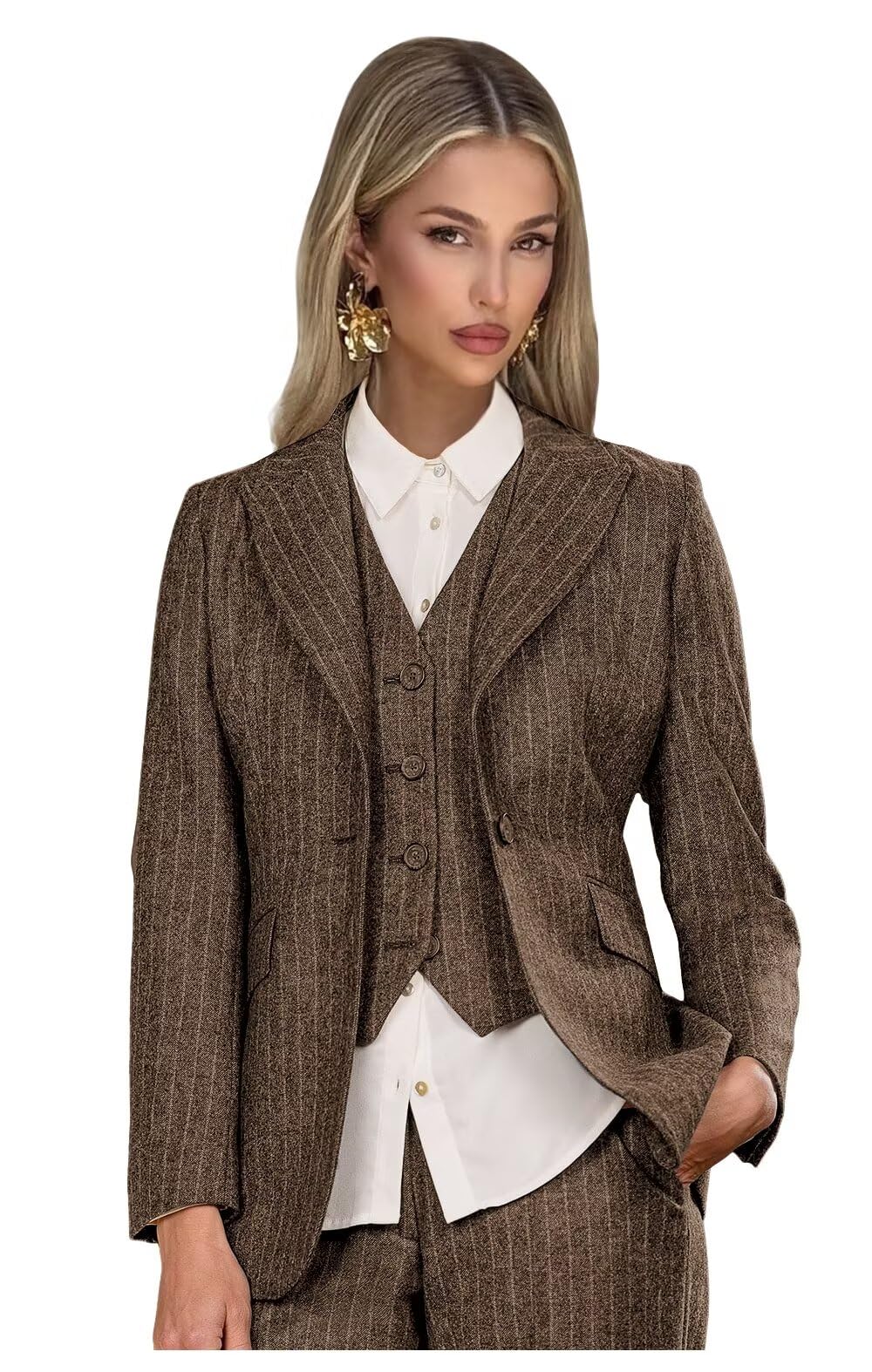Winter Tweed Suits for Women Business Peak Lapel Striped Womens Suit 3 Piece Work Office Blazer Vest Pants