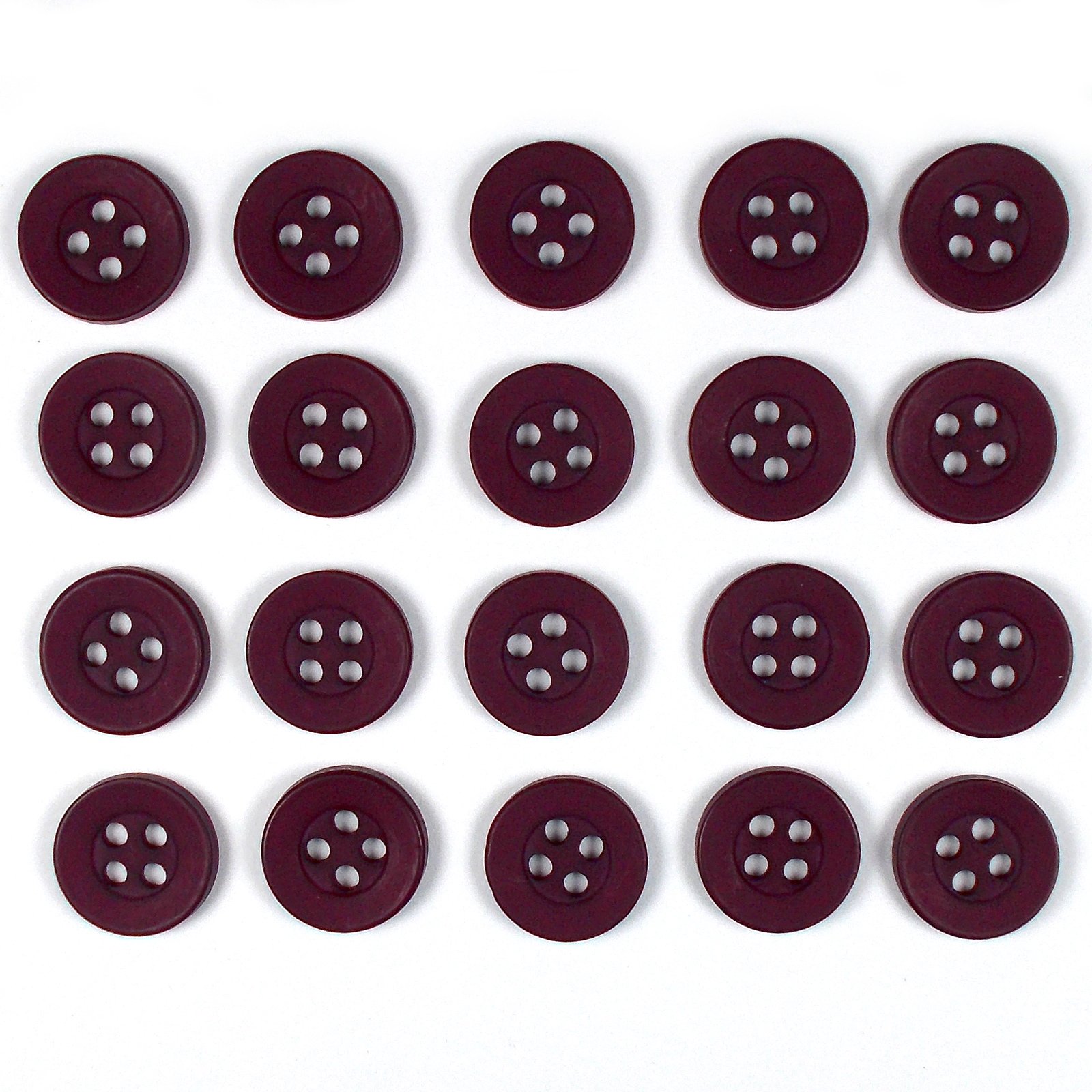 Colour 4 Hole Round Shirt Buttons 10mm Wide Pack of 20 (Burgundy)