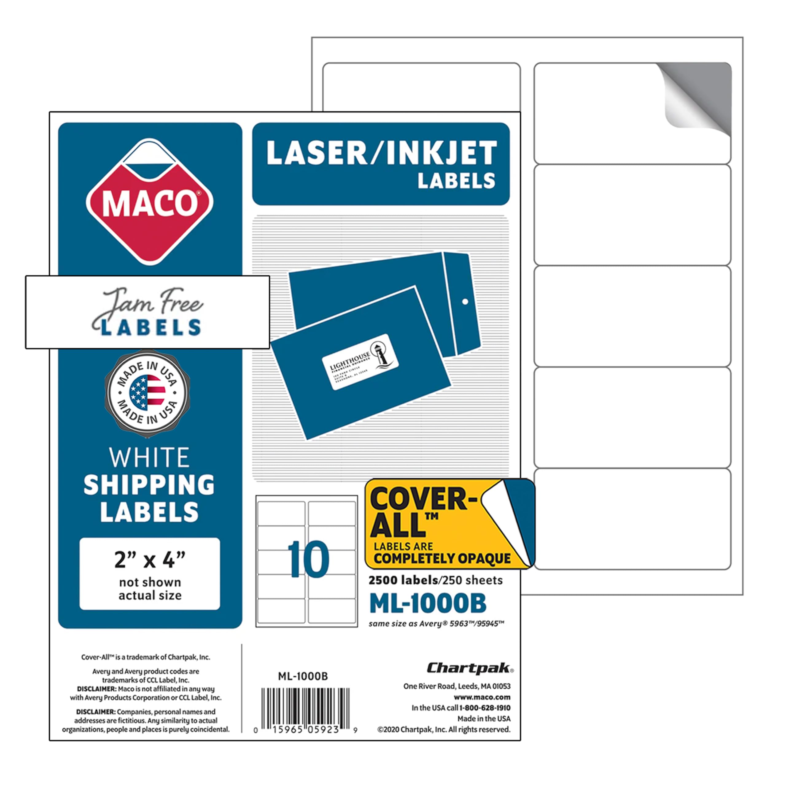 MACO Printable Labels for Shipping - Laser/Ink Jet Compatible Shipping Labels, 10 Per Sheet, 2" x 4", Box of 250 Pages/2500 Labels, White
