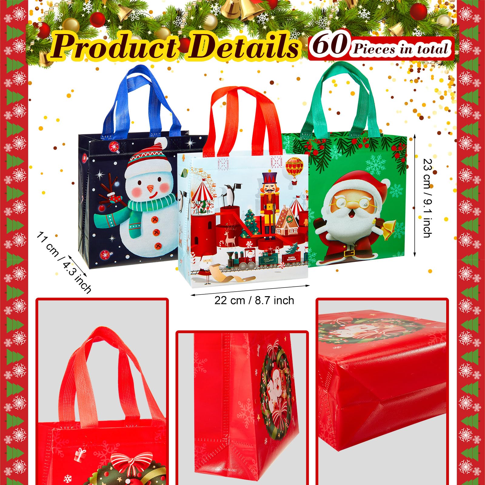Abbylike 60 Stück Vlies-Geschenktüten für Weihnachten, kleine Tragetaschen mit Griffen, multifunktional, wiederverwendbar, Weihnachtsgeschenktüten für Leckereien, Geschenke, Einkaufen, Weihnachten,
