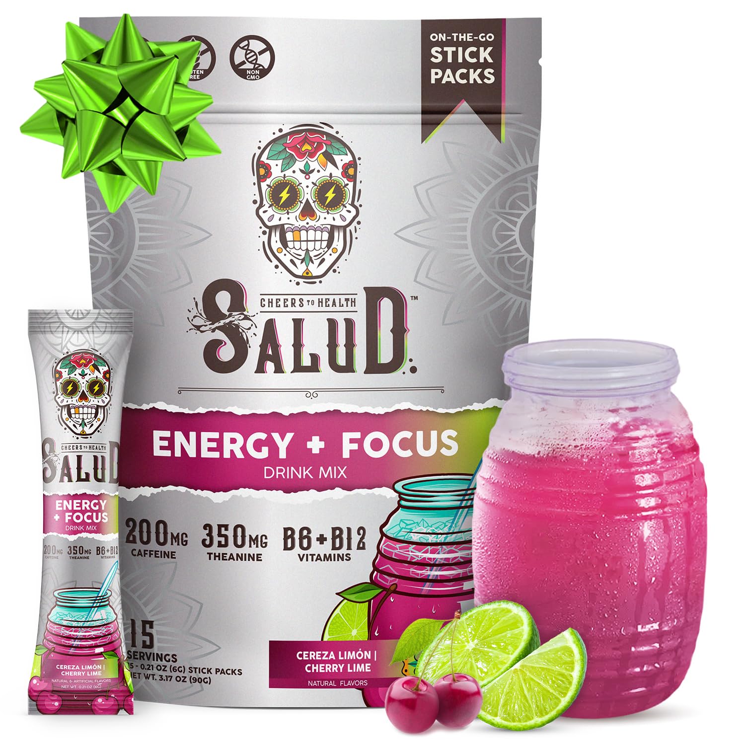 Salud 2-in-1 Energy Drink Powder + Focus, Cherry Lime, Organic Caffeine, B6 + B12, Theanine, Clean Energy Drink Packets, Agua Fresca Mix, Non-GMO, Gluten Free, Vegan, 1g of Sugar, (15 Servings)