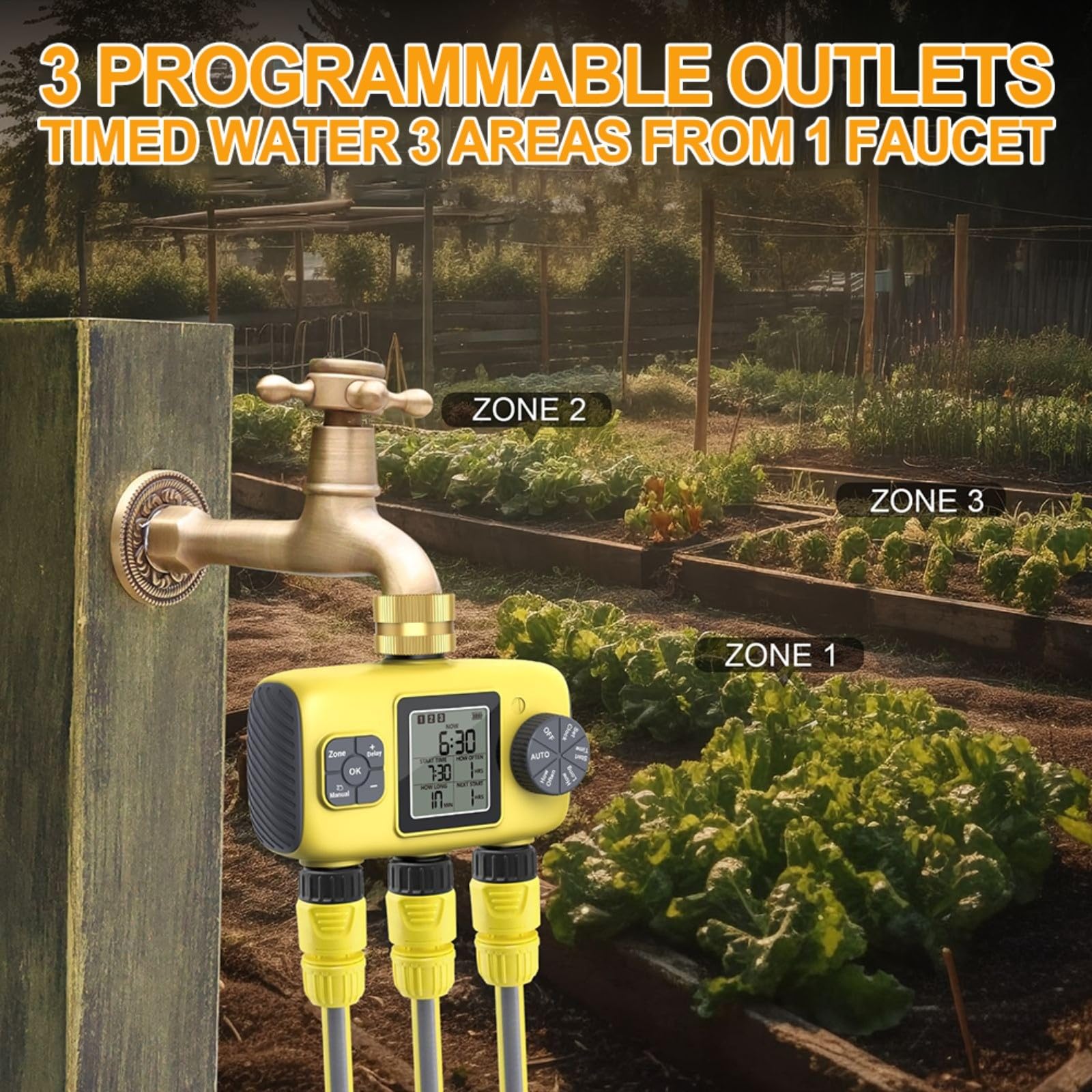 Timer per irrigazione a 3 uscite con ingresso in ottone, sistema di irrigazione automatico per giardino, 3 per programmi ZONE, blocco bambini, giallo