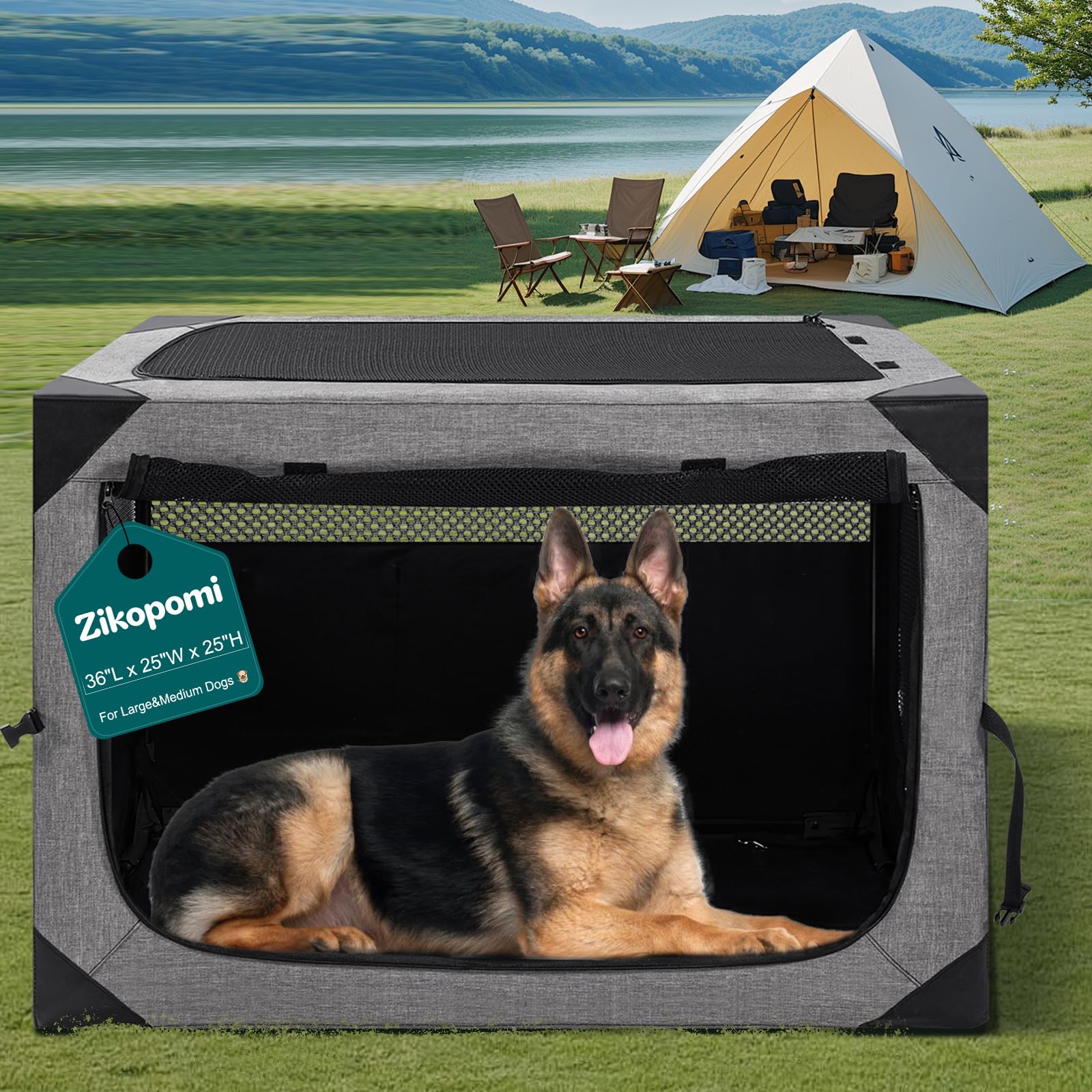 Photo 1 of 36 Inch Portable Travel Dog Crate, 3 Door Collapsible Soft Pet Kennel with Durable Mesh Windows for Medium Dogs, Foldable Dog Cage with Storage Pocket for Outdoor (Light Grey)