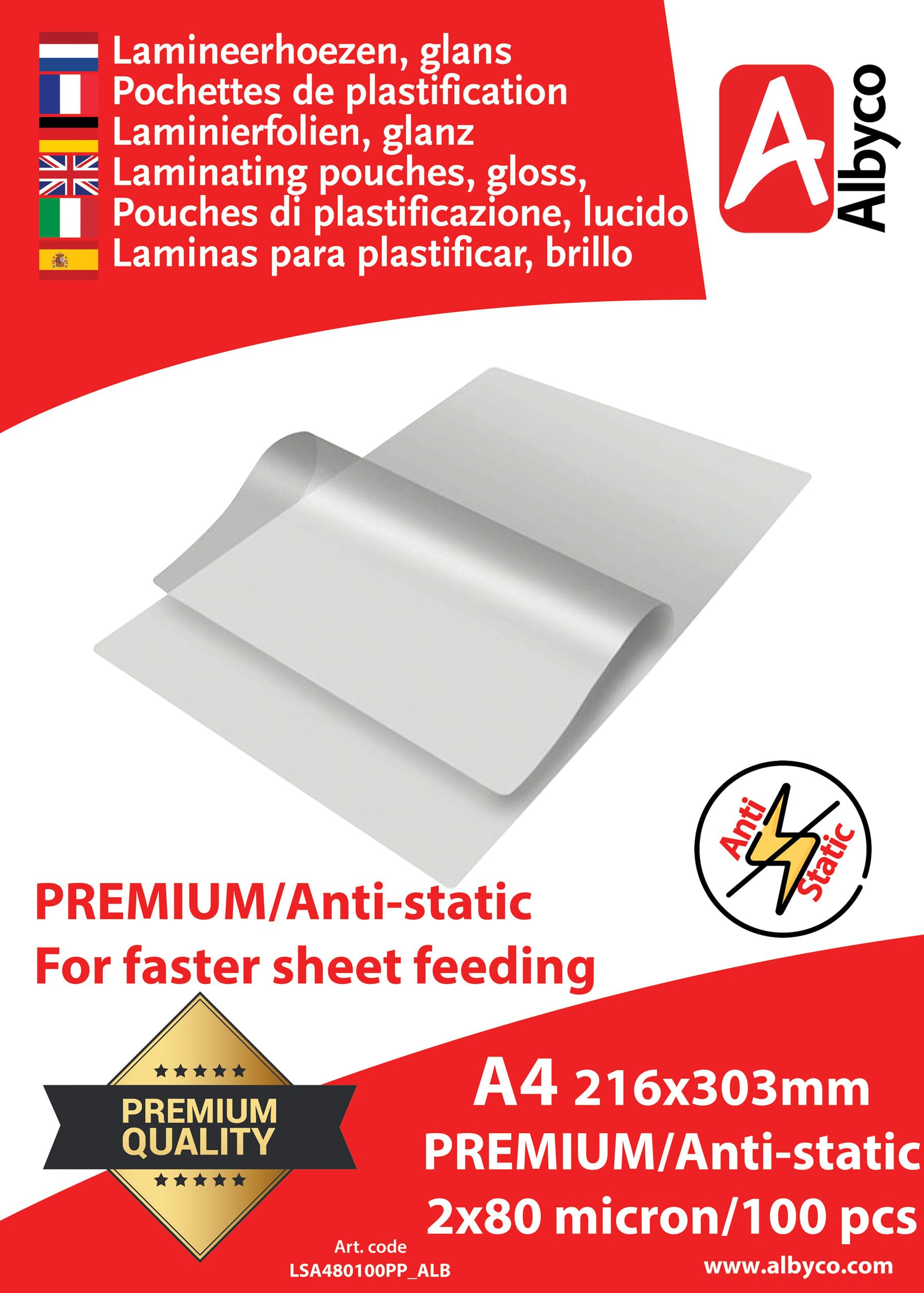 Albyco Pochettes de Plastification Premium ANTISTATIQUE Pochette Plastifieuse A4 (216x303mm) - Épaisseur 2x80 (160) Microns, Bri