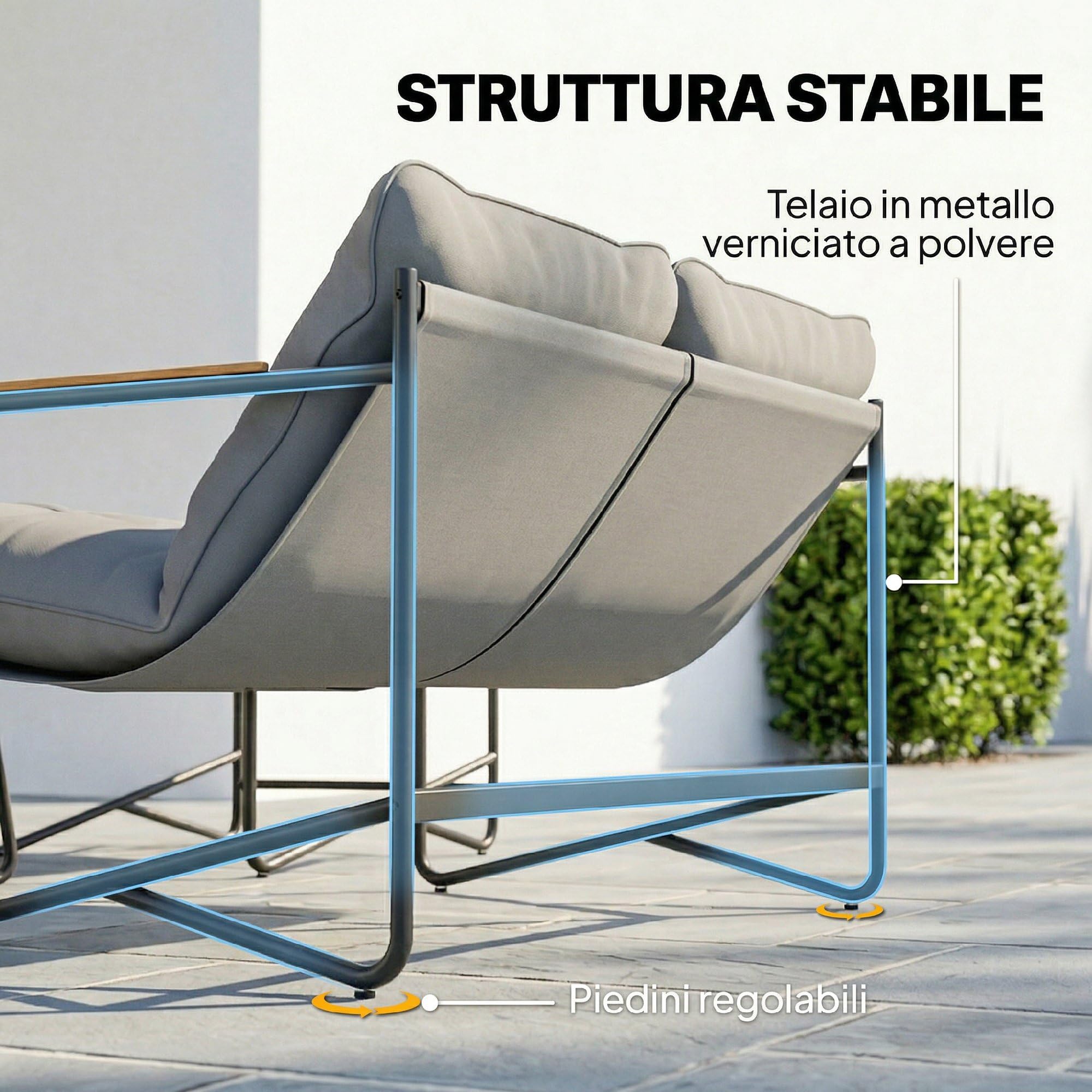 Outsunny Set Salotto da Giardino 4 Pezzi, Mobili da Esterno in Metallo con Divano 2 Posti, Poltrone e Tavolino in Vetro, Grigio Chiaro