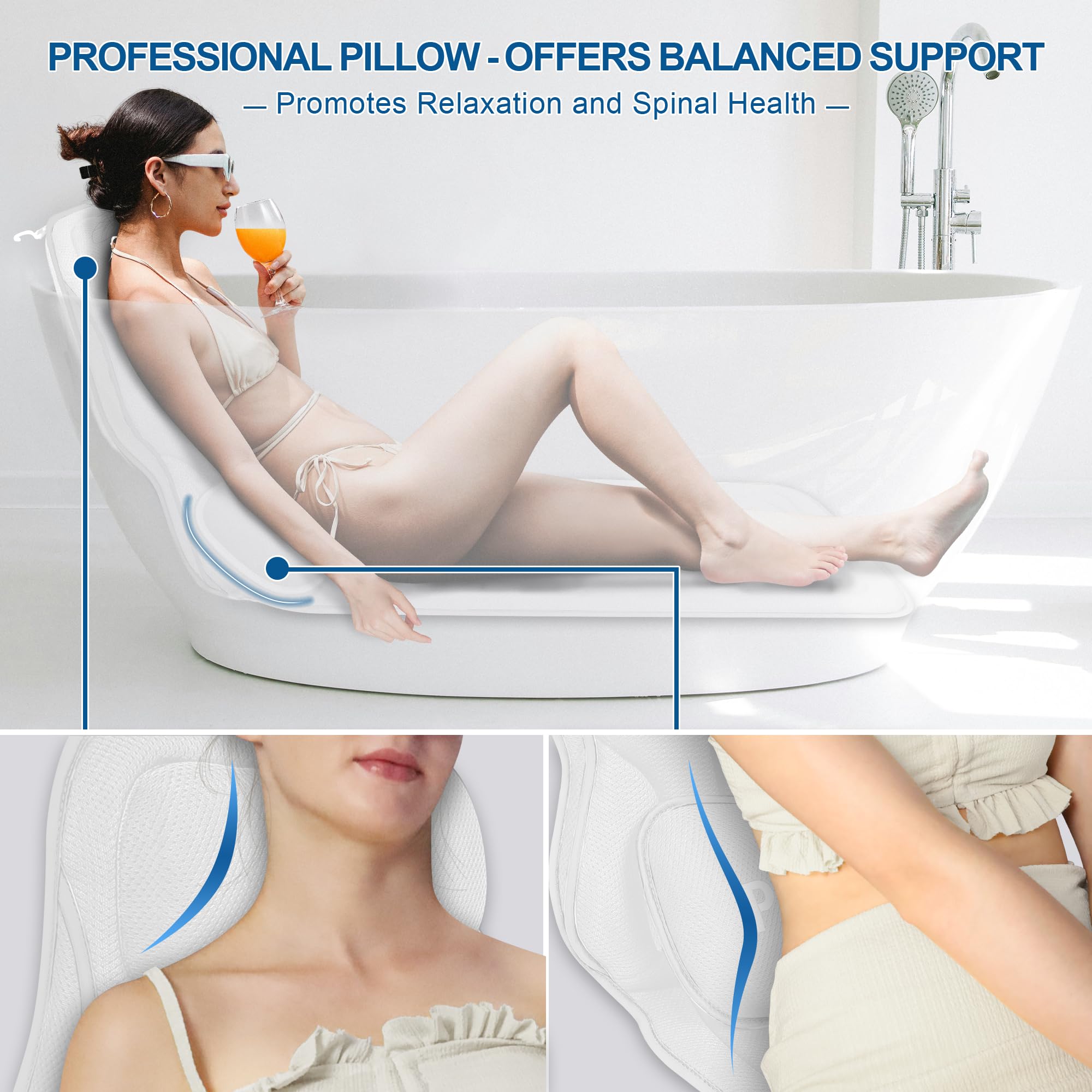 Coussin De Bain Extra Long Et Épais Pour Baignoire - Soutien Complet Tête, Dos & Lombaires, 168 Ventouses Antidérapantes, Maille 5D Respirante, Séchage Rapide