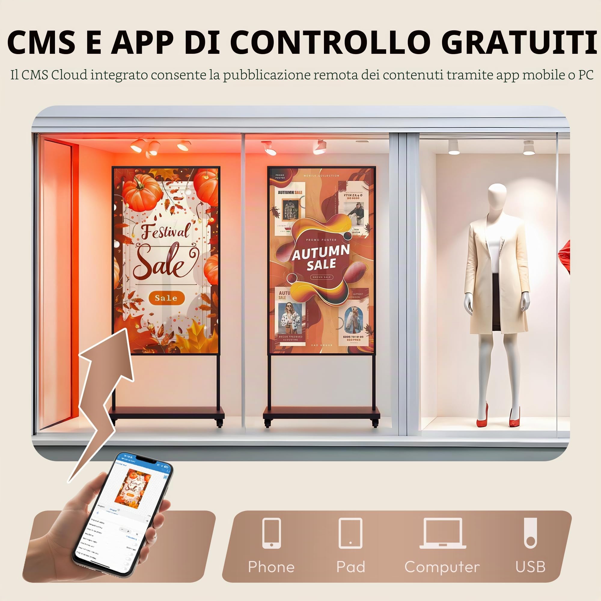 43" Totem Pubblicitario Digitale, Totem Digitale Display LCD FHD 3000 Nits con Luminosità Auto-Regolabile, WiFi/USB/HDMI, Display Schermo Monitor Pubblicitario per Vetrine Negozi e Retail