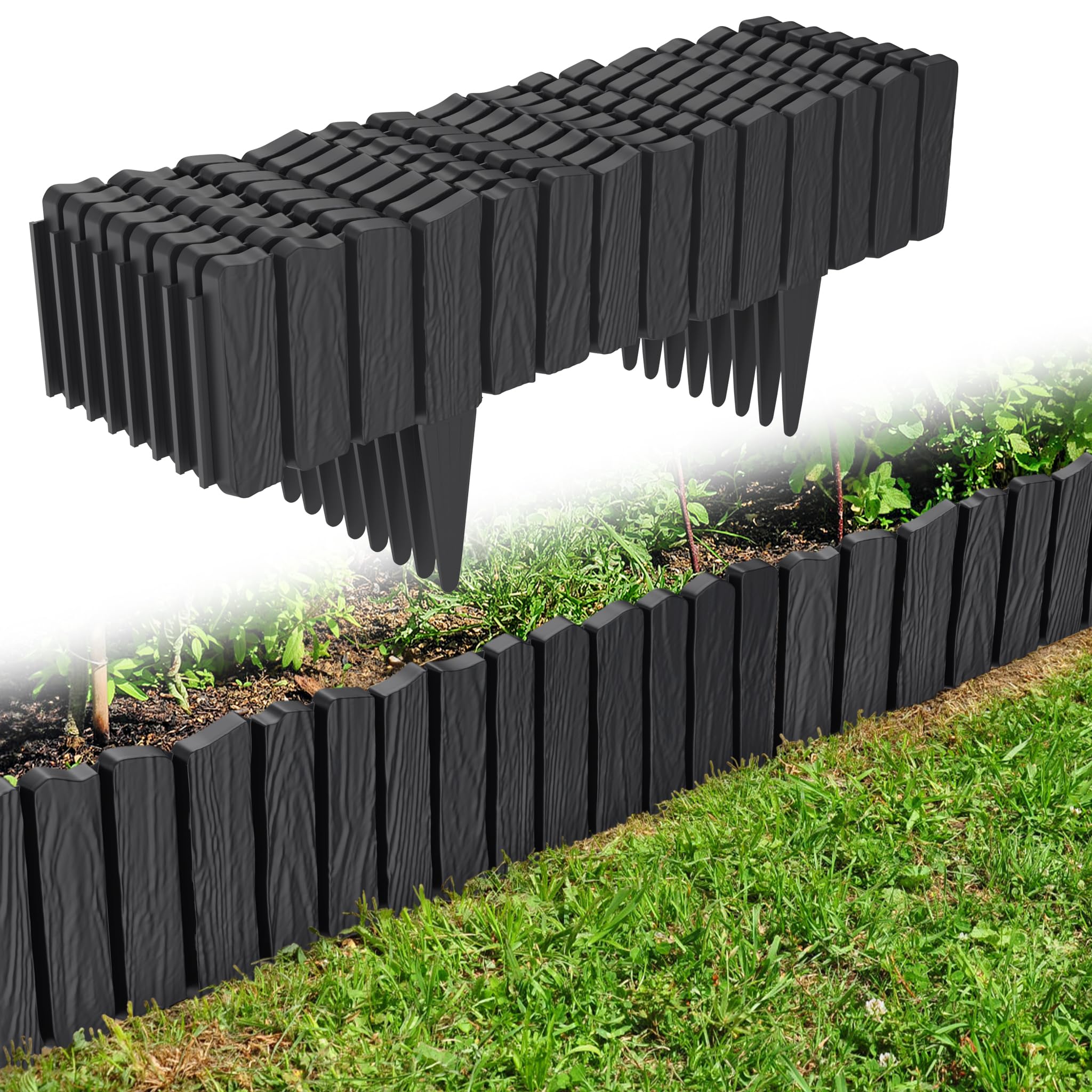 Yunvin Flexible Garden Edging Border 13.8m/45.2ft 24pcs Plastic Wood Effect Lawn Edging with Spike-in Easy Install Weather-Resistant Landscape Fence for Flower Beds, Lawn and Patio, Anthracite