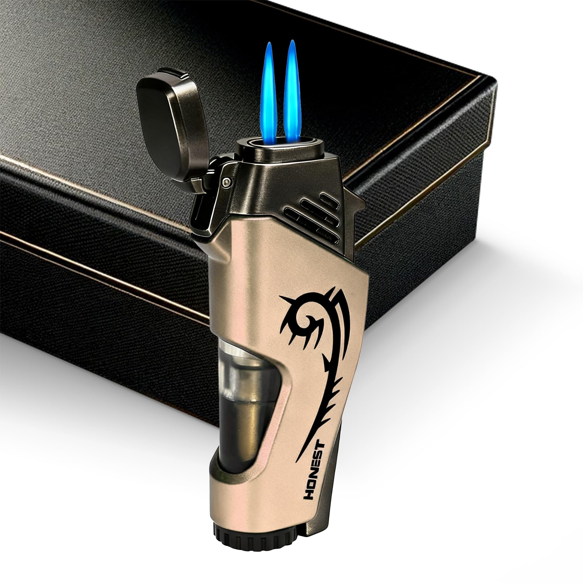 Navpeak Mini Double Torch Lighter Portable Windproof Jet Refillable Butane Lighters with Dust Cover Visible Gas Window for