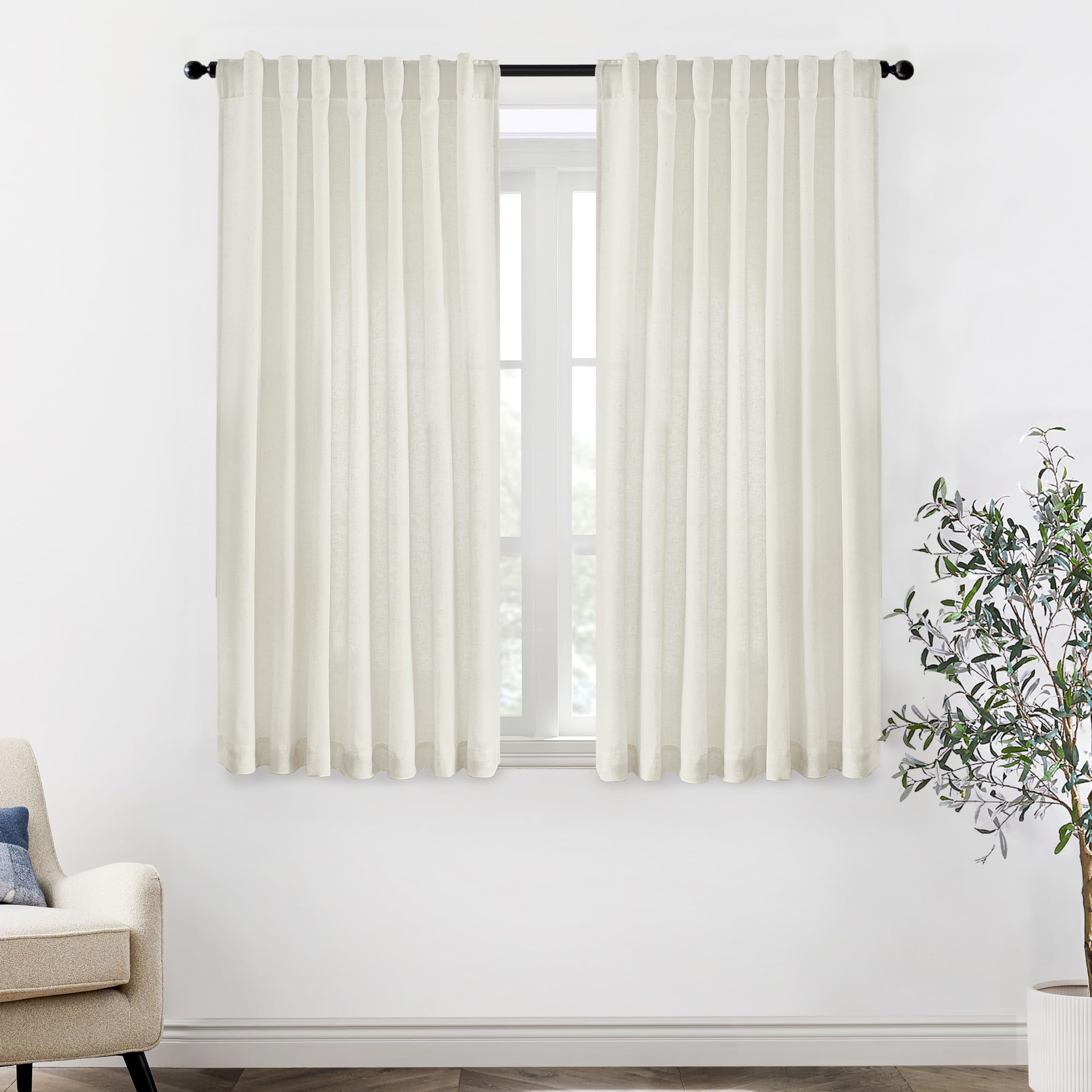 XTMYI Bathroom Window Curtains Short,Linen Cotton Sheer Boho Farmhouse Kitchen Curtains 45 Inch Length,Cream Ivory