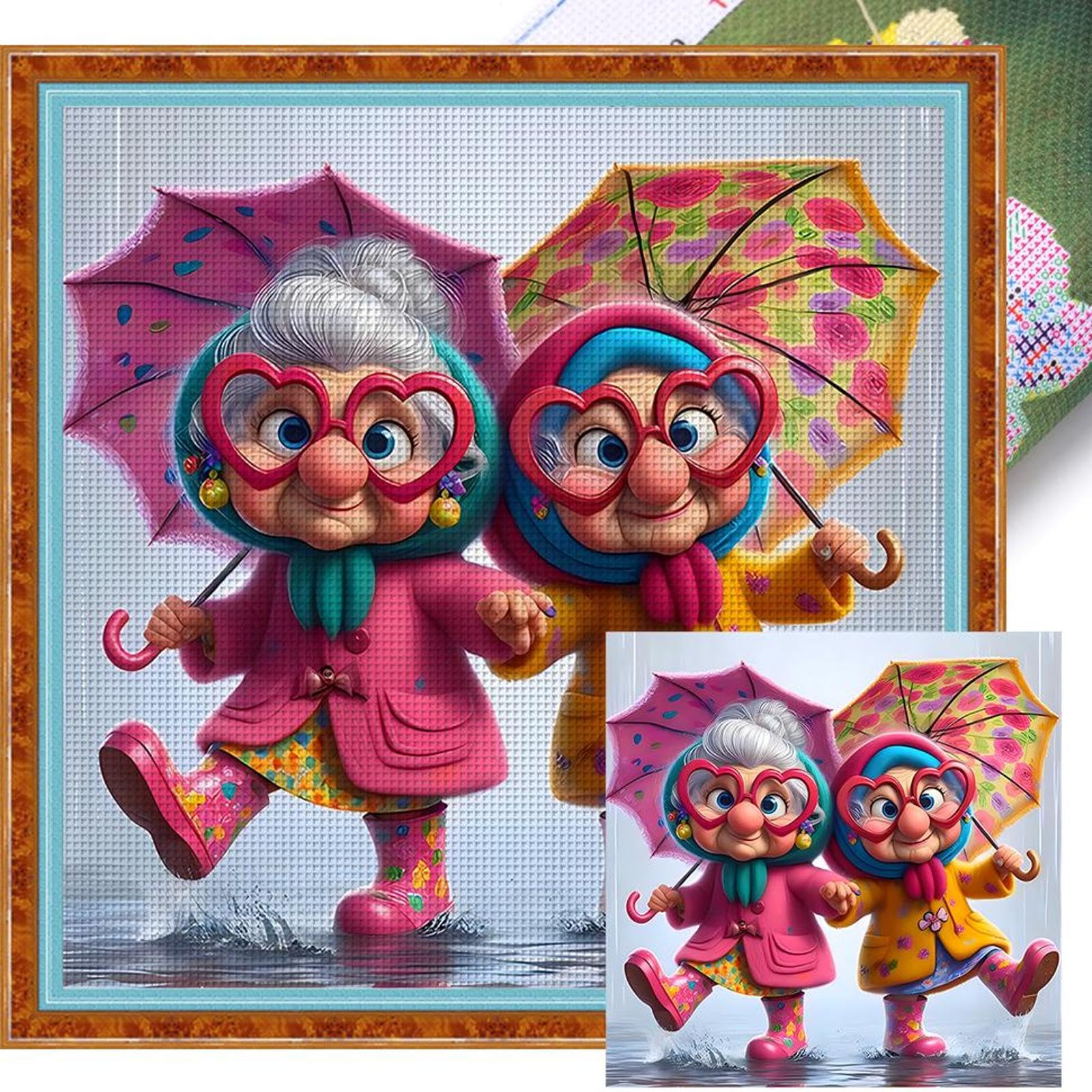 Old Couple Printed Cross Stitch Kit for Adults Kids Beginners 40x40cm DIY 11CT Thread Art Needlework,Printed Patterns Dimensions Needlepoint Art Crafts for Home Wall Decor
