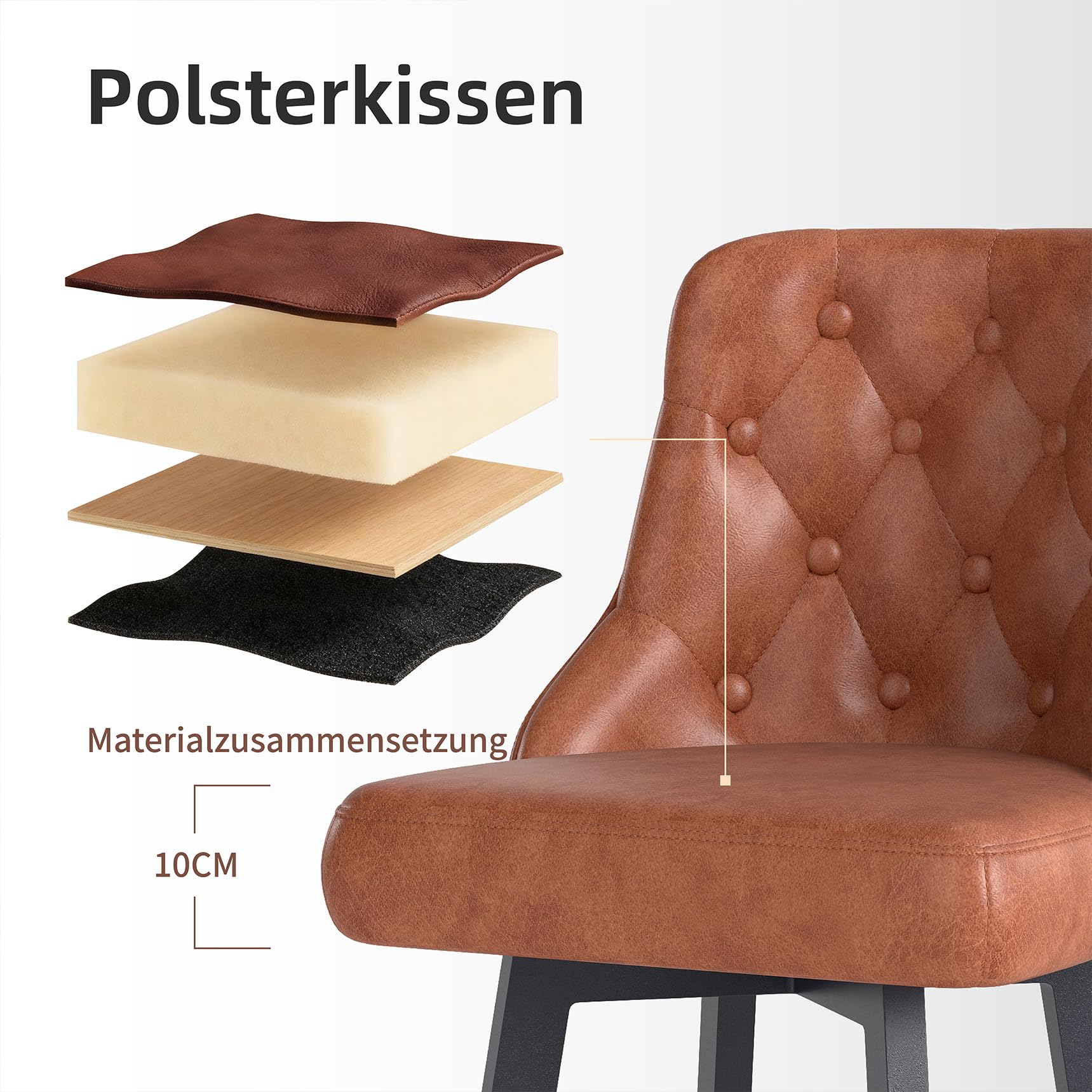 Youhauchair Barhocker 2er Set, Moderner wasserdichter Barhocker aus PU-Leder, 360° drehbarer Barstuhl mit Fußstütze, Sitzhöhe 66,5 cm, Tragkraft 150 kg, Braun