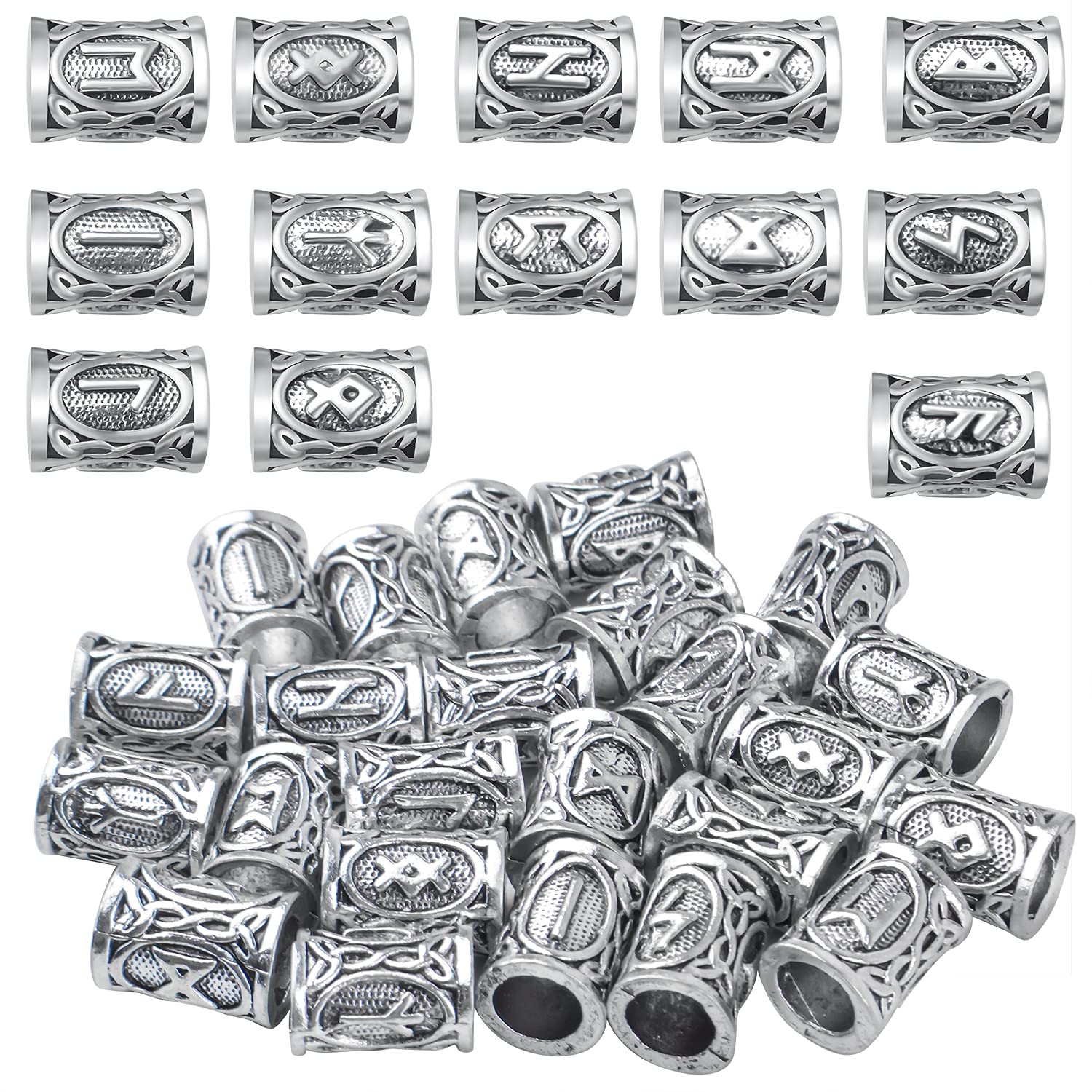 BronaGrand 24pcs Vikings Runes Beads Hair Beard Beads Antique Silver Dreadlocks Beads Hair Tube Beads Norse Viking Beads for Hair Braiding Bracelet Pendant Necklace DIY Jewelry Hair Decoration
