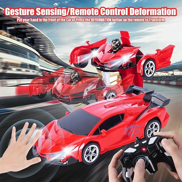 Highttoy Voiture Télécommandé Robot Enfant avec Détection Geste, Lumières et Musique, 2.4GHz Rotation à 360° Voiture RC Transformateur Robot Jouet Cadeau Enfant 3 4 5 6 7 8 Ans Garçon Fille, Rouge - 4