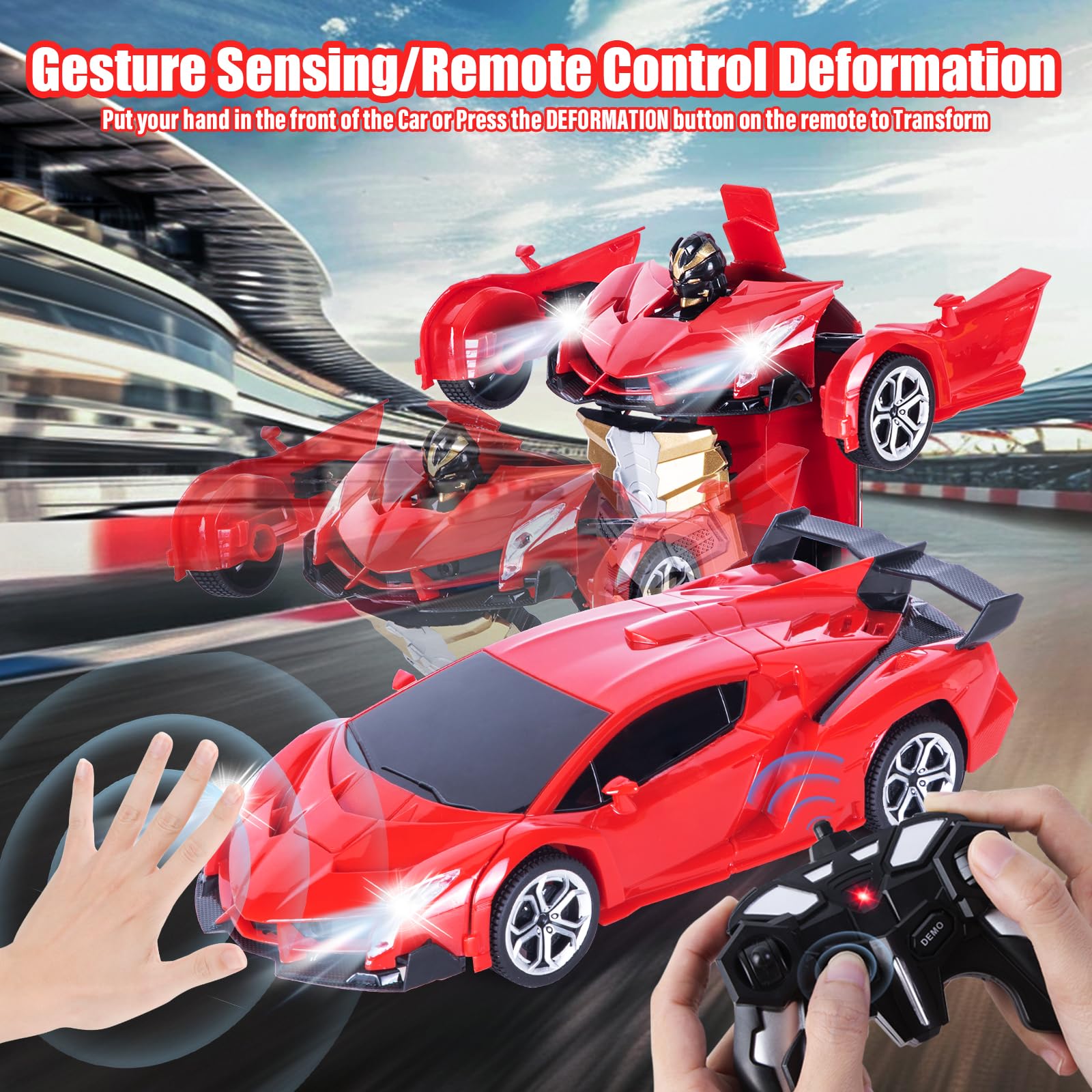 Highttoy Macchina Telecomandato Robot,Auto Telecomandata Robot Rotazione 360° con Rilevamento Gesti, Luce e Musica Trasformatore Giocattoli Bambini 3 4 5 6 7 8 Anni Robot Giocattolo Bambina Rosso