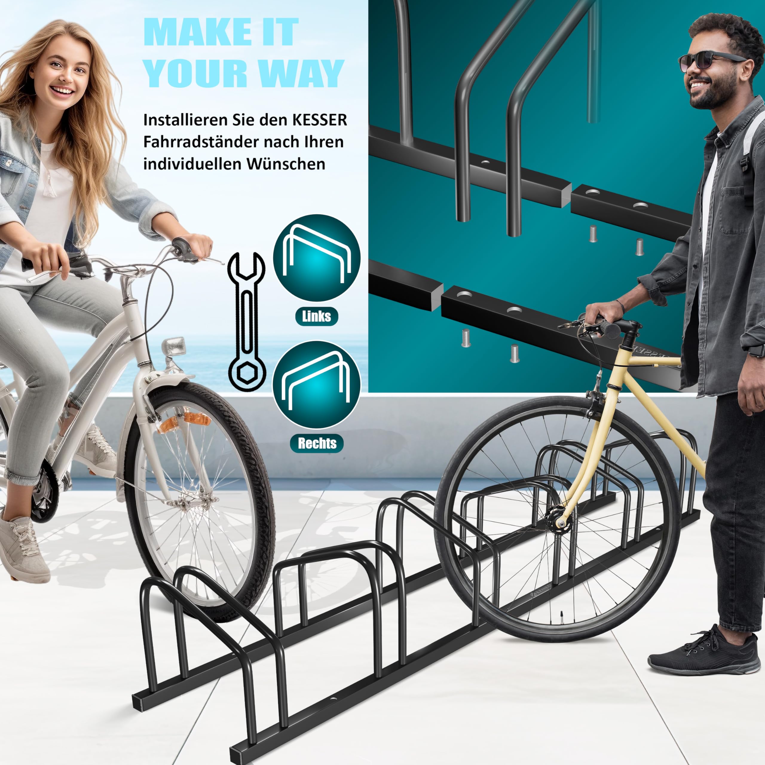 KESSER® Rastrelliere per Bicicletta con targhetta di parcheggio, Supporto Multiplo con Distanza di 37 cm, per Pneumatici di Larghezza 30-65 mm, Supporto per Bicicletta,