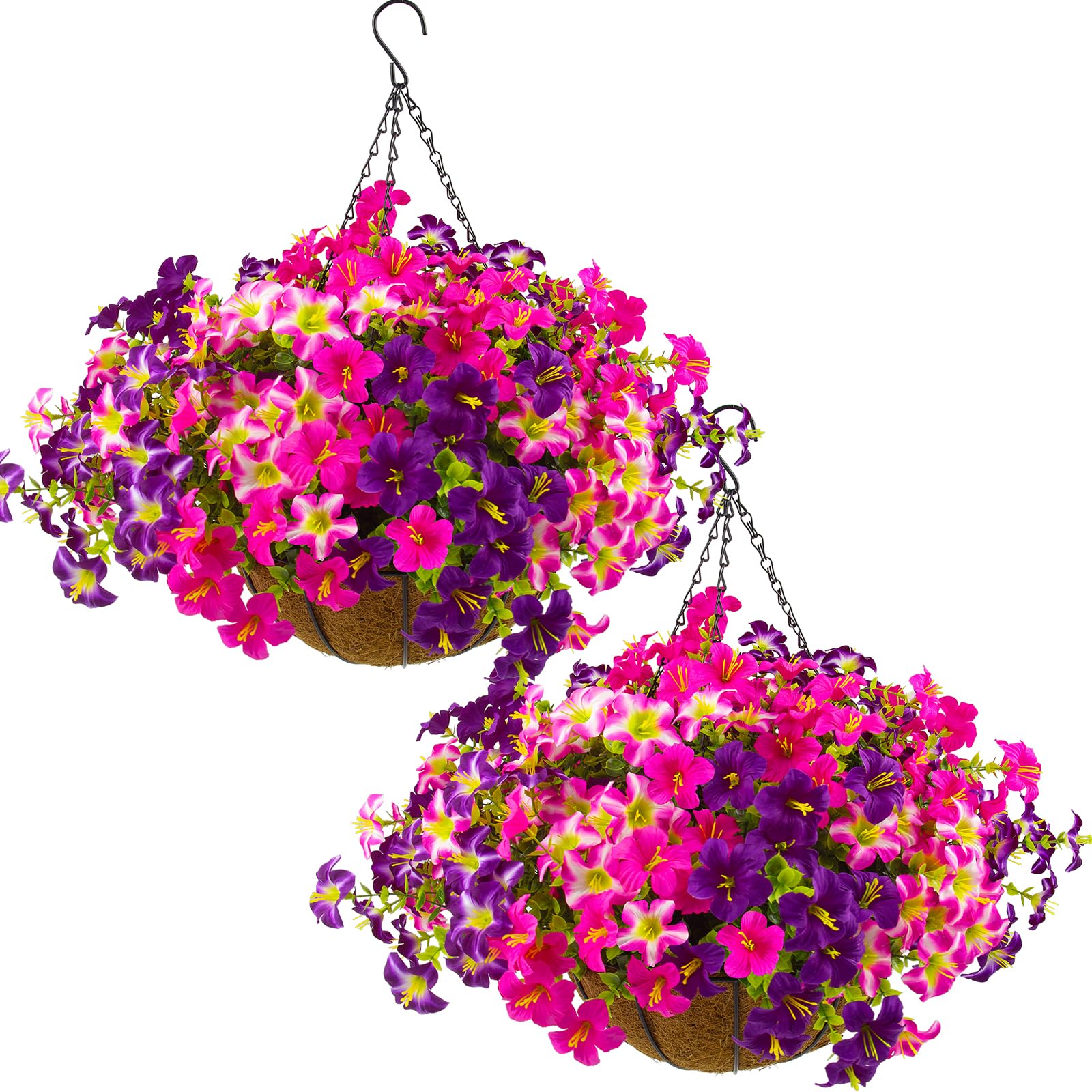 Photo 1 of 2 Set Artificial Outdoor Petunias Flowers with Hanging Baskets, 24 Pcs UV Resistant Faux Petunias Flowers with Hanging Planter for Front Door Porch Spring Outside Decor (2, RoseRed,RedViolet) 1 hanging basket***