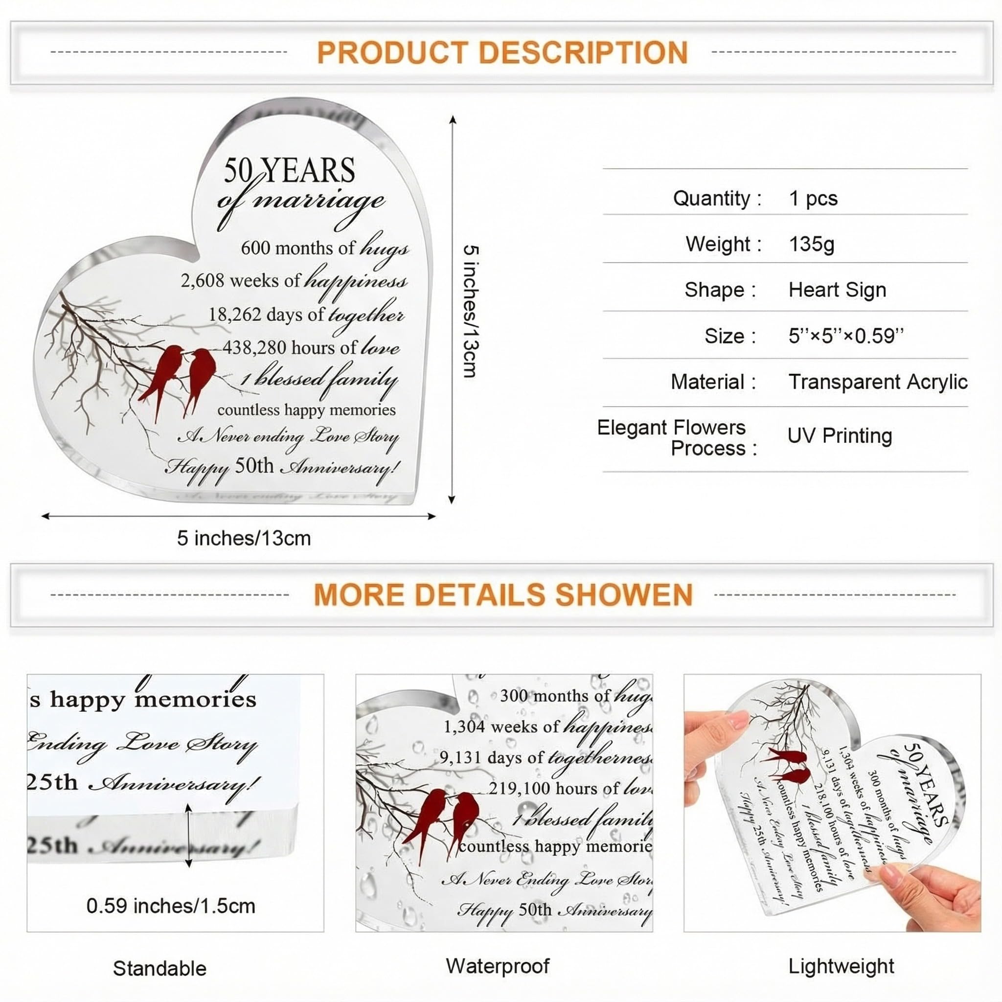 Qunclay 50th Years of Marriage Gift Wedding Anniversary Souvenir Heart Marriage Keepsake Decoration Present for Couple Parent Women Mom Husband Wife He She Friend Grandparents