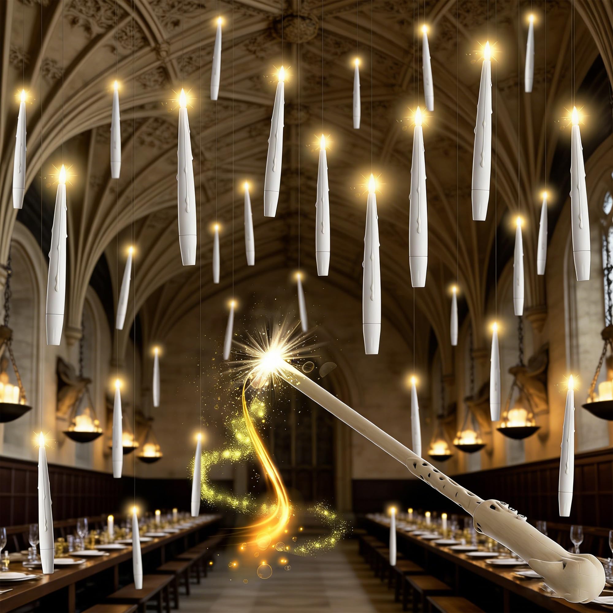 JOIONE Floating Candles with Wand, 12Pcs White Hanging Candle for Halloween