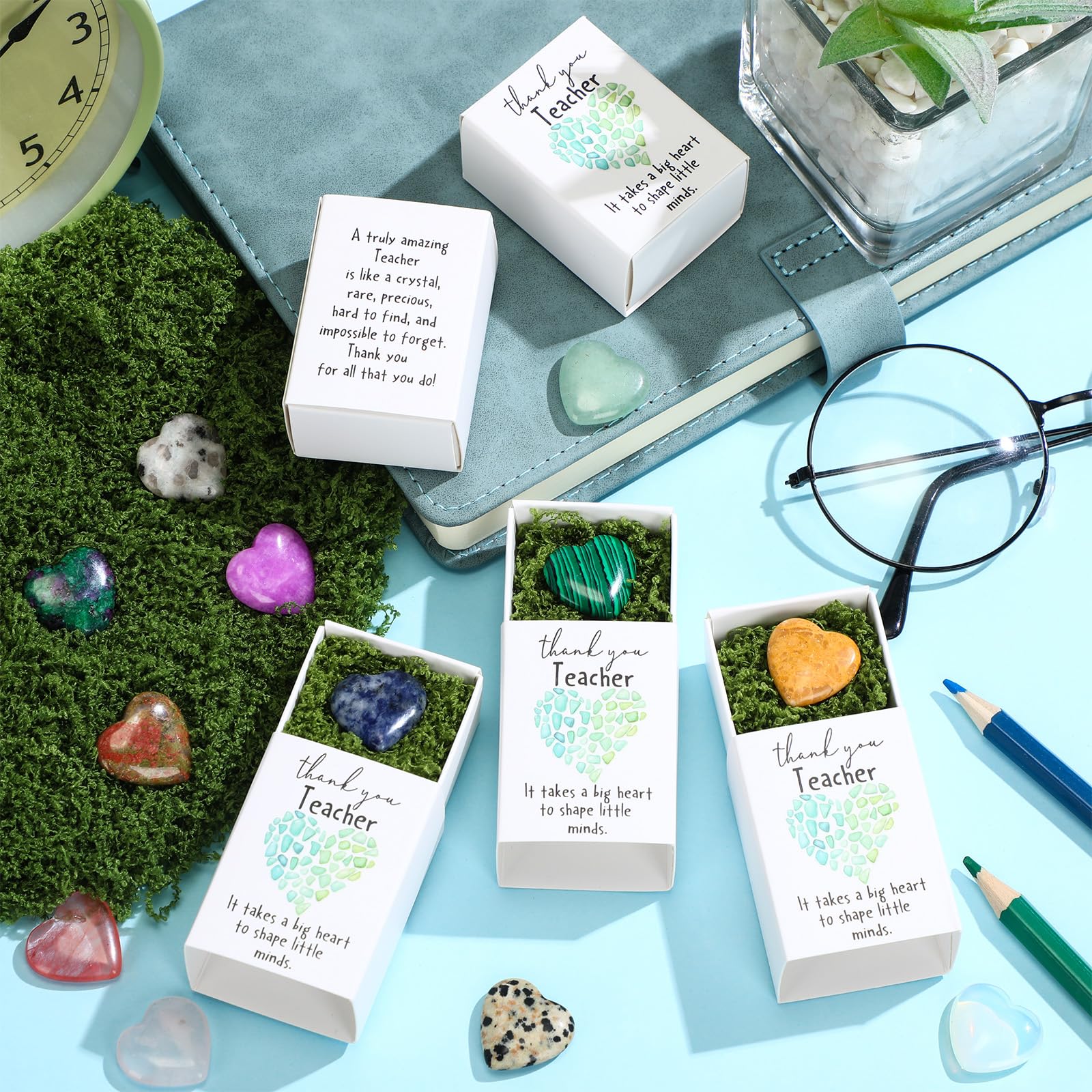 Motipuns 12 juegos de regalos de agradecimiento para profesores, piedras de cristal de musgo verde, regalos de agradecimiento a granel para mujeres, hombres, regalos de agradecimiento para empleados,