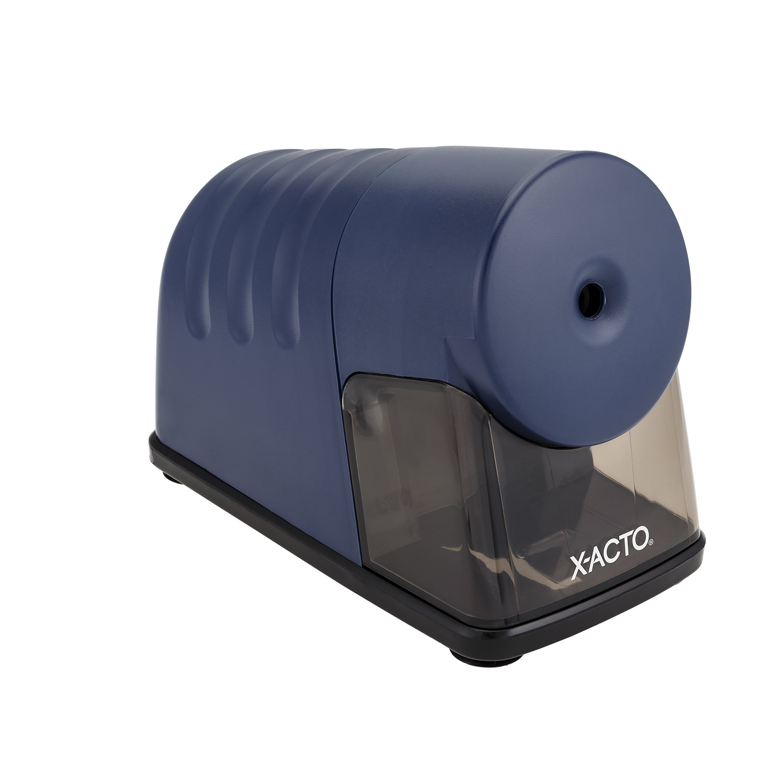 Front view of the X-ACTO Powerhouse Electric Pencil Sharpener showing the transparent shavings receptacle.