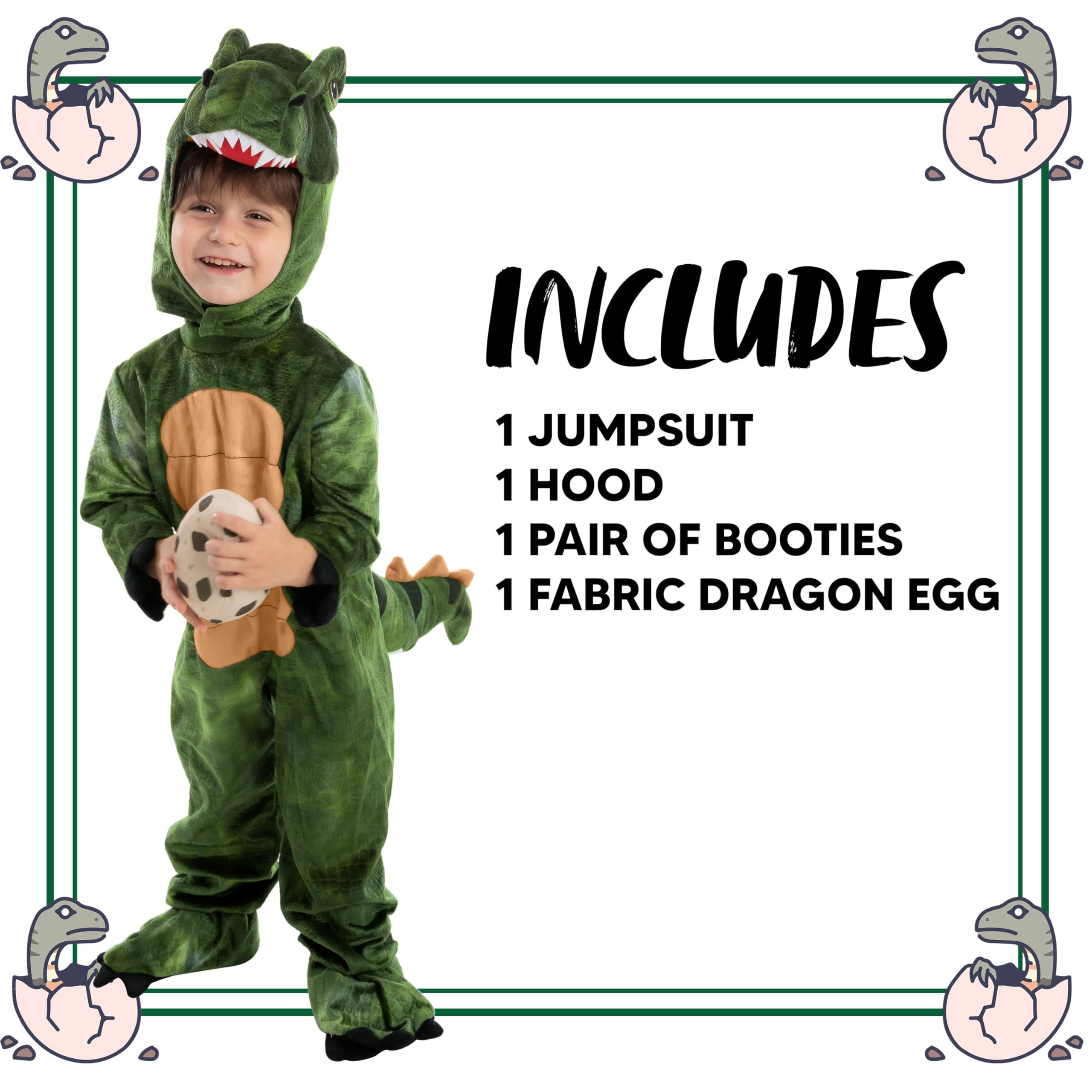 Spooktacular Creations Dziecięcy realistyczny kostium T-rex, kombinezon dinozaura z zabawkowym jajkiem, dla chłopców, Halloween, przebranie na imprezę