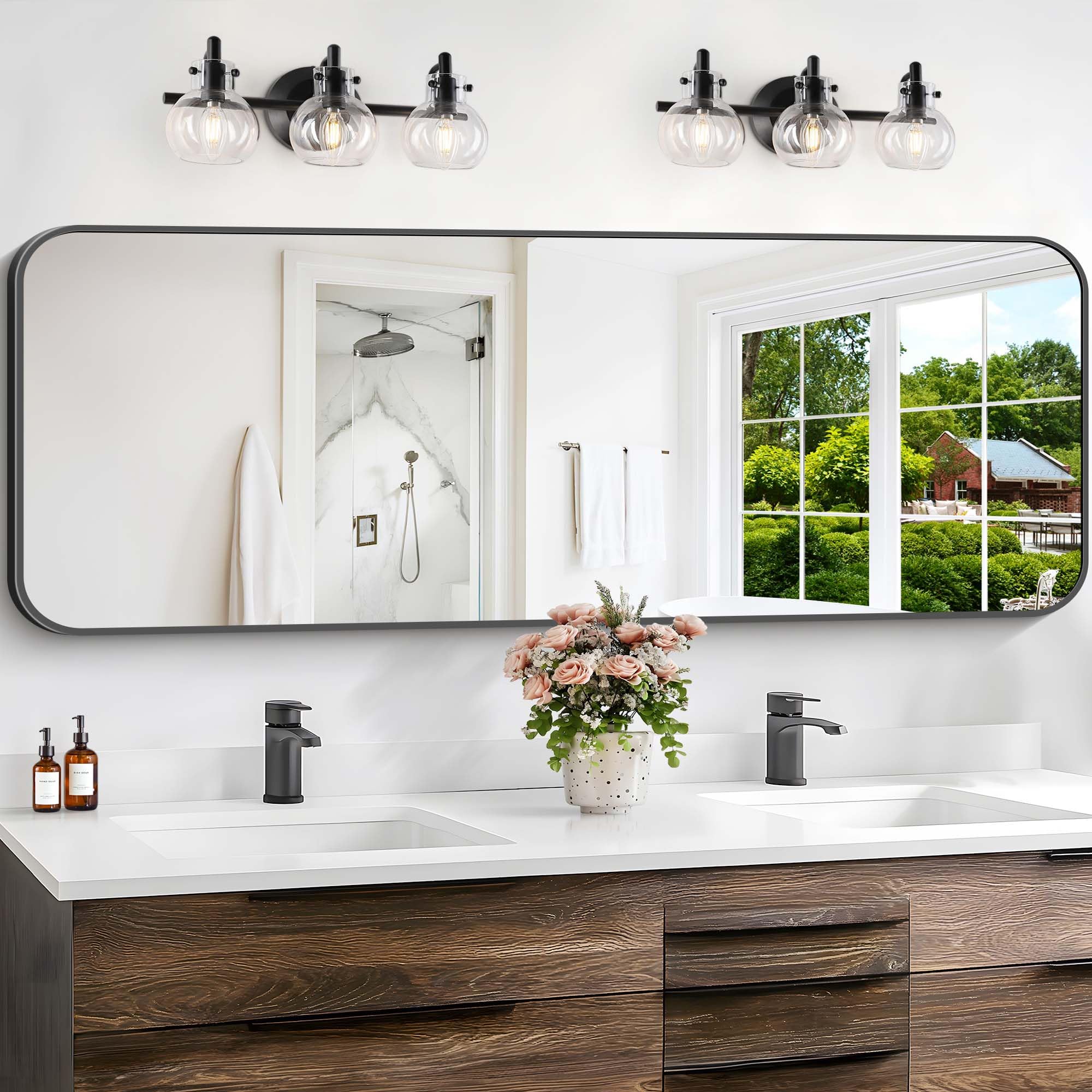Bathroom Mirror, 60 x 24 inch Metal Framed Black Rectangle Mirror, Rounded Corner Rectangular Vanity Mirror, Large Wall Mounted Mirror for Modern Bedroom Living Room Horizontal or Vertical