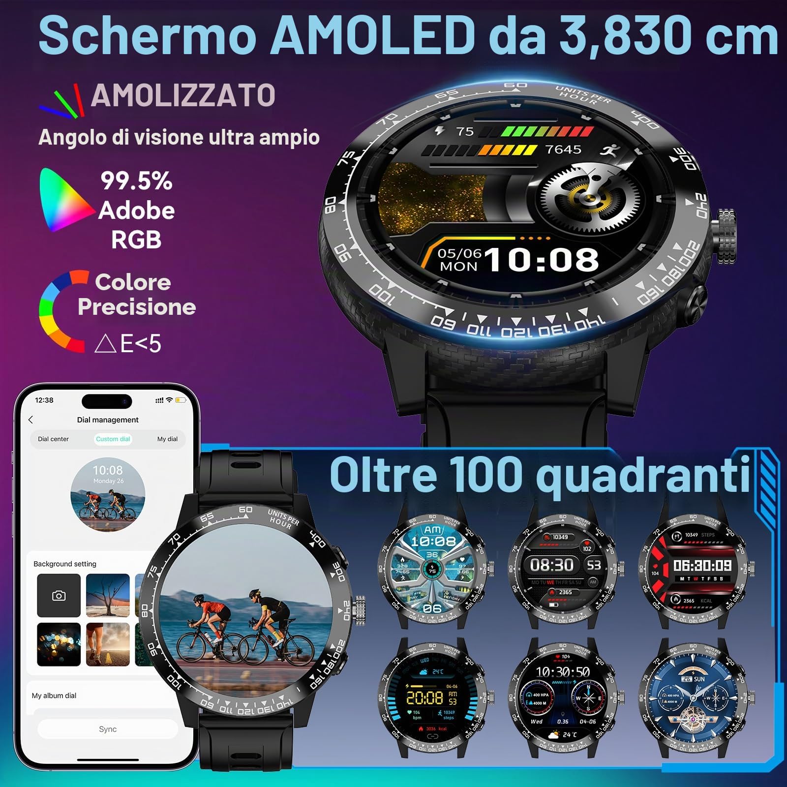Smartwatch Uomo Donna con GPS, 1.508" AMOLED Orologio Smartwatch con Chiamata Telefoniche, 170+ Modalità Sport, Monitoraggio Cardio/Sonno/SpO2, Impermeabile Fitness Tracker per iOS e Android