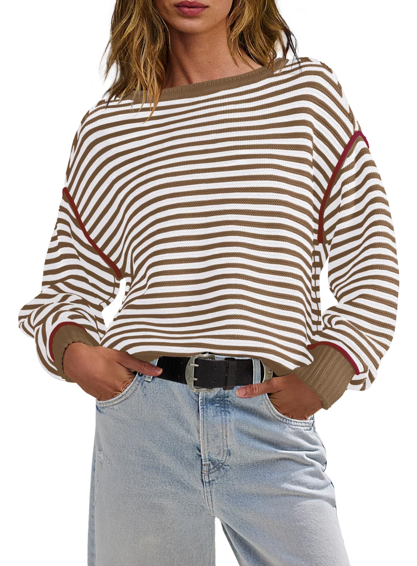 Womens Striped Oversized Sweater Fall Chunky Long Sleeve Pullover Sweaters Cable Knit Color Block Sweater Tops-image-24