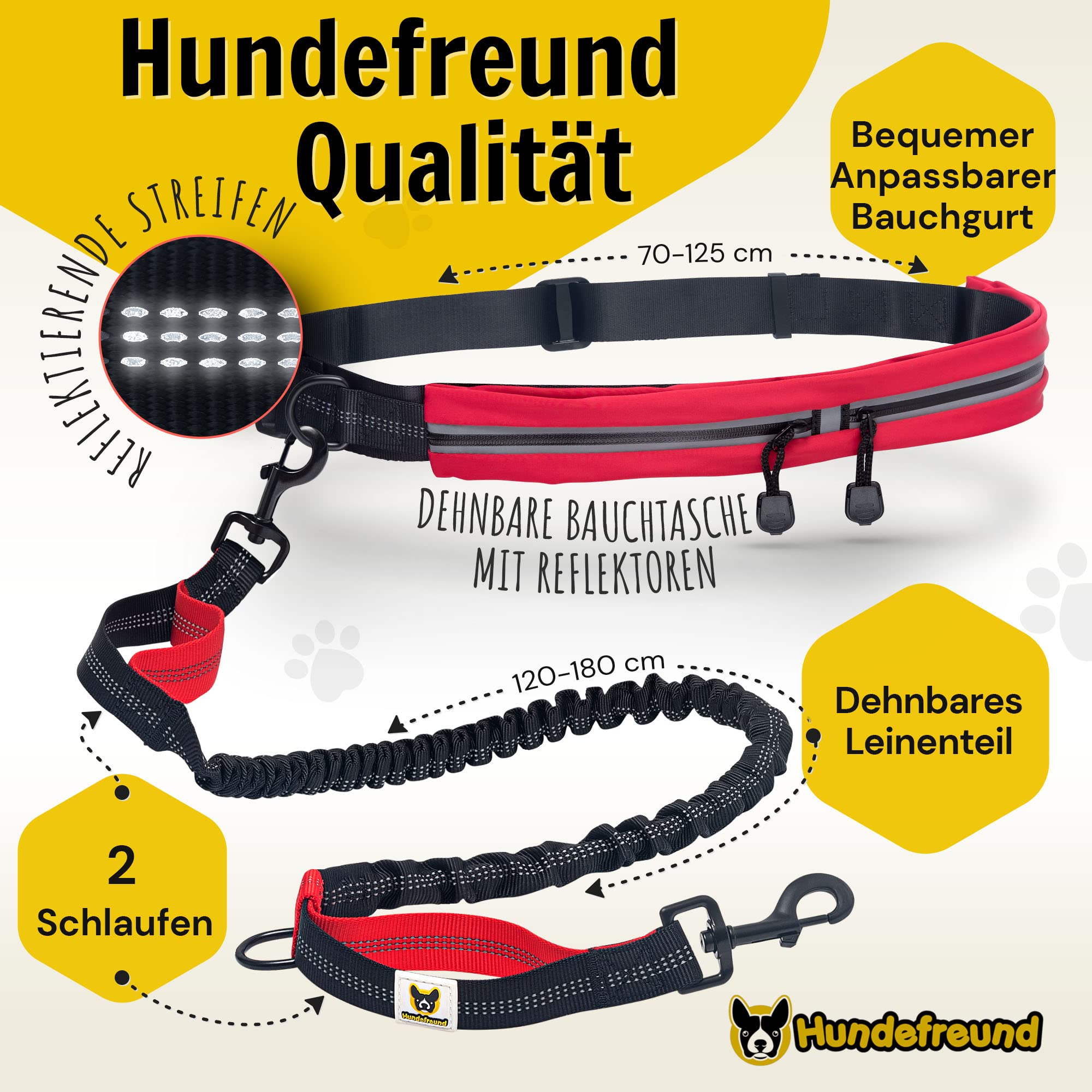 Hundefreund Joggingleine mit Bauchgurt Rot – Laufleine mit Ruckdämpfer für mittelgroße & große Hunde (15–70 kg) – Freie Hände zum Laufen, Wandern & Alltag