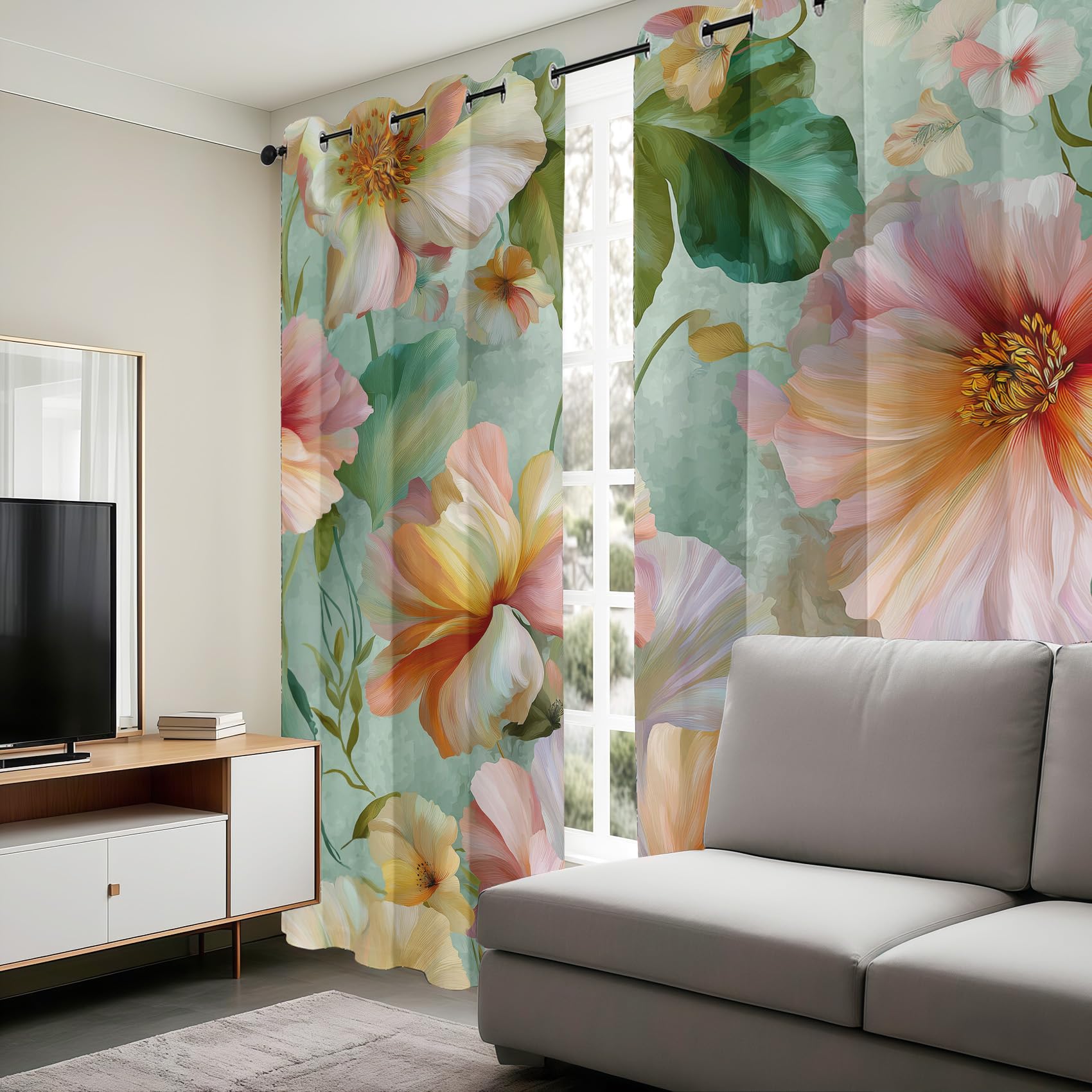 Generisch Rosa Orange Blume Vorhänge Aquarell Vorhang Blickdicht, Gardinen mit Ösen 2er Set, Thermovorhang für Wohnzimmer Schlafzimmer Fenster Deko H 245 x B 140 cm K20p