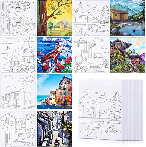 12 piezas de arte en lienzo de contorno predibujado de 4 x 4 pulgadas, tablas de pintura de lienzo estirado para el primer y último día de escuela,