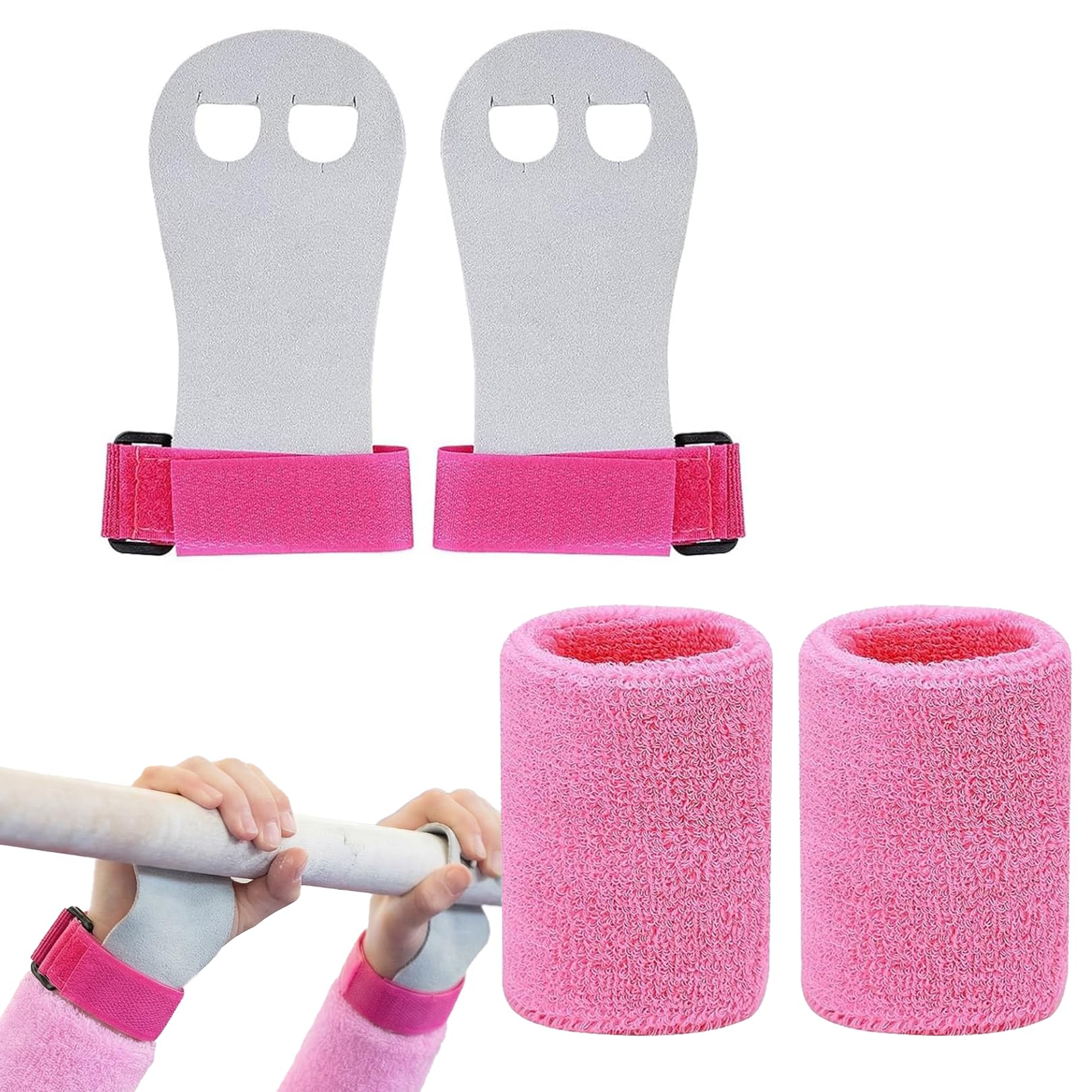 4 PCS Gymnastics Grips,Gymnastics Gloves for Bars Kids Hand Grips Wristbands for Girls,Bar Exercisepalm Protection Accessories Handguards for Teenage Child Gymnast Wrist Support Sports Accessory Pink